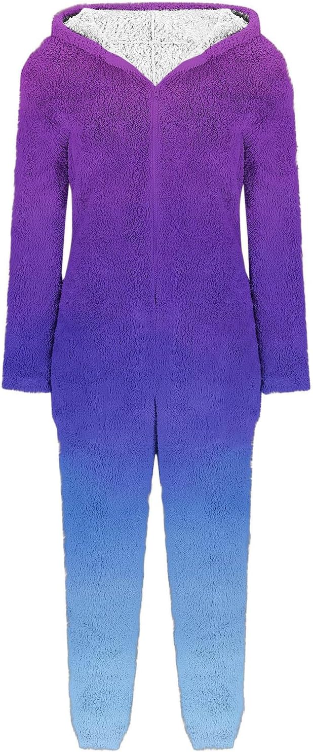 Women's Fuzzy One Piece Pajama Warm Winter Pajamas Ombre Fleece Jumpsuits with Hood Zip Up Plush Romper Loungewear