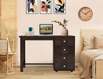 Dev Wood D?cor Solid Sheesham Wood Writing Study Table with 4 Drawer Storage Wooden Furniture for Study Room Home Office (Walnut Finish)