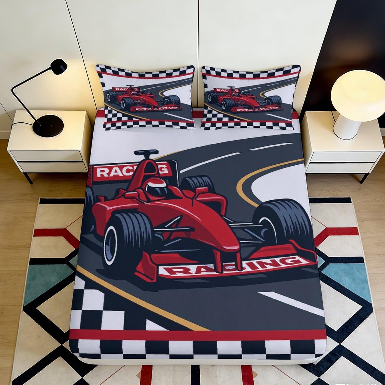 3D Printed Red Race Car Fitted Sheet Microfiber Soft Black Track Bed Cover for Bedroom Dorm Mattress Protector Decor 90x200x25cm
