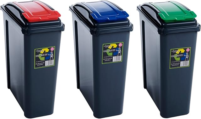 Wham 3x 25L Plastic Recycling Waste Bins. Red/Blue/Green, Slimline, Durable, Made in the UK