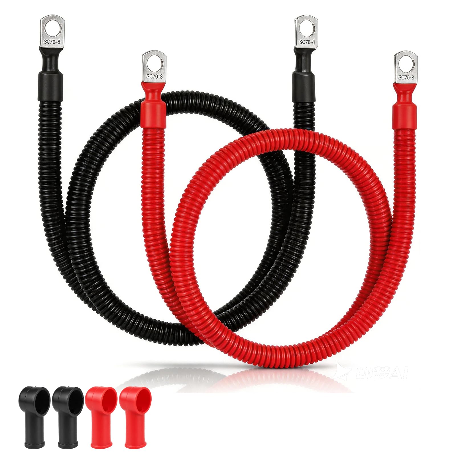 EXLECO 2 x przewód 0AWG 50mm² 100 cm 480 A Terminal SC70-8 Tube Cap do ciężkich samochodów, przyczep, łodzi, łodzi słonecznej i falownika, cynowana miedź