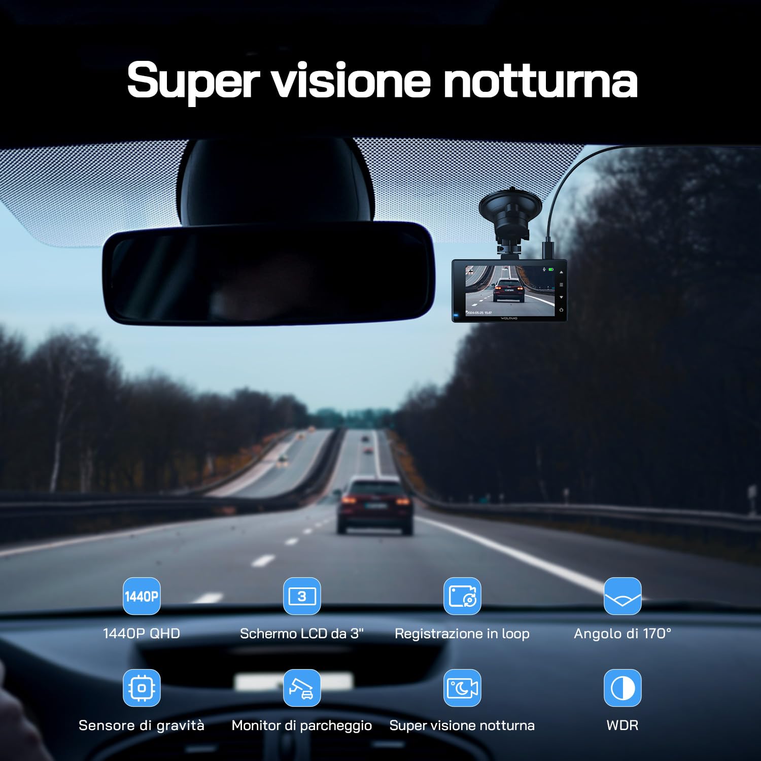 WOLFANG 2.5K Doppia Dash Cam Auto, Dash Camera IPS 3" con Grandangolo, 1440P+1080P FHD Telecamera, Visione Notturna,G-Sensor, WDR, Monitor di Parcheggio, Registrazione in Loop