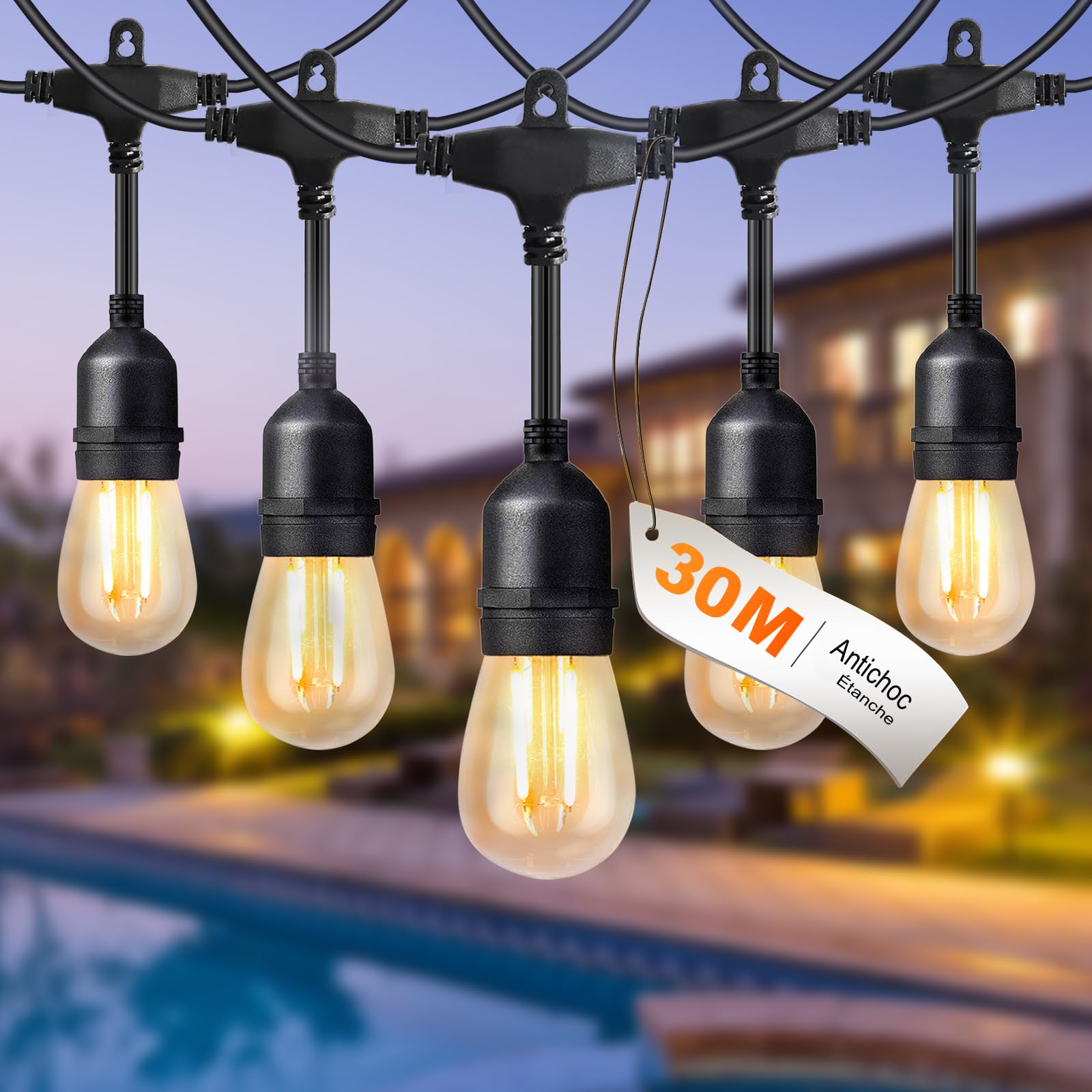 BRIMAX Guirlande LED Exterieur 30M E27 S14 2W 2700K | Lot de 30 ampoules + 2 rechanges, 220-240V, IP44 étanche, pour jardin, terrasse, fêtes, ambiance romantique.