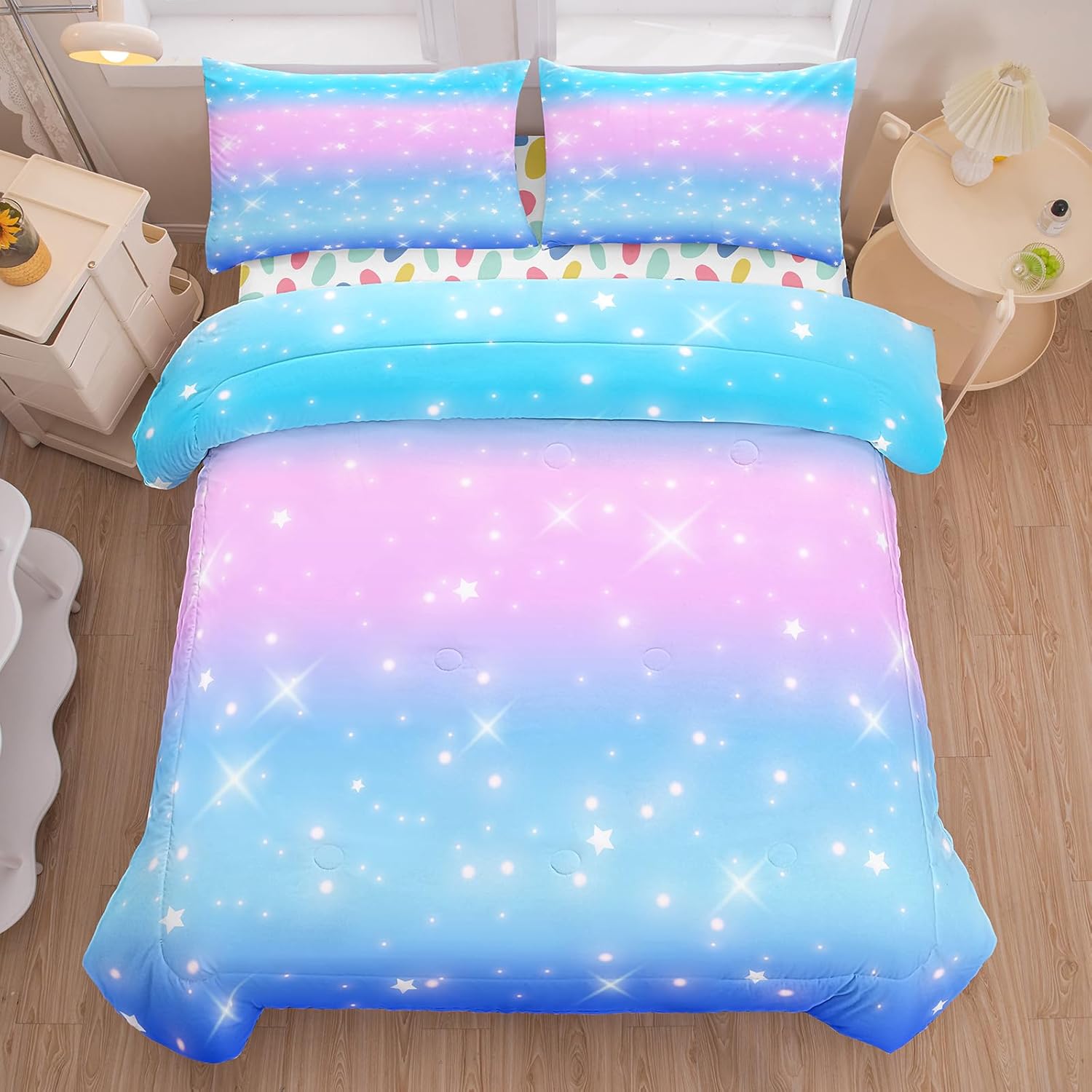 5 Pieces Rainbow Glitter Comforter Set Queen Size, Blue Pink Bedding Set for Girls,Rainbow Comforter for Girl,Galaxy Quilted Duvet(Color-F Q)