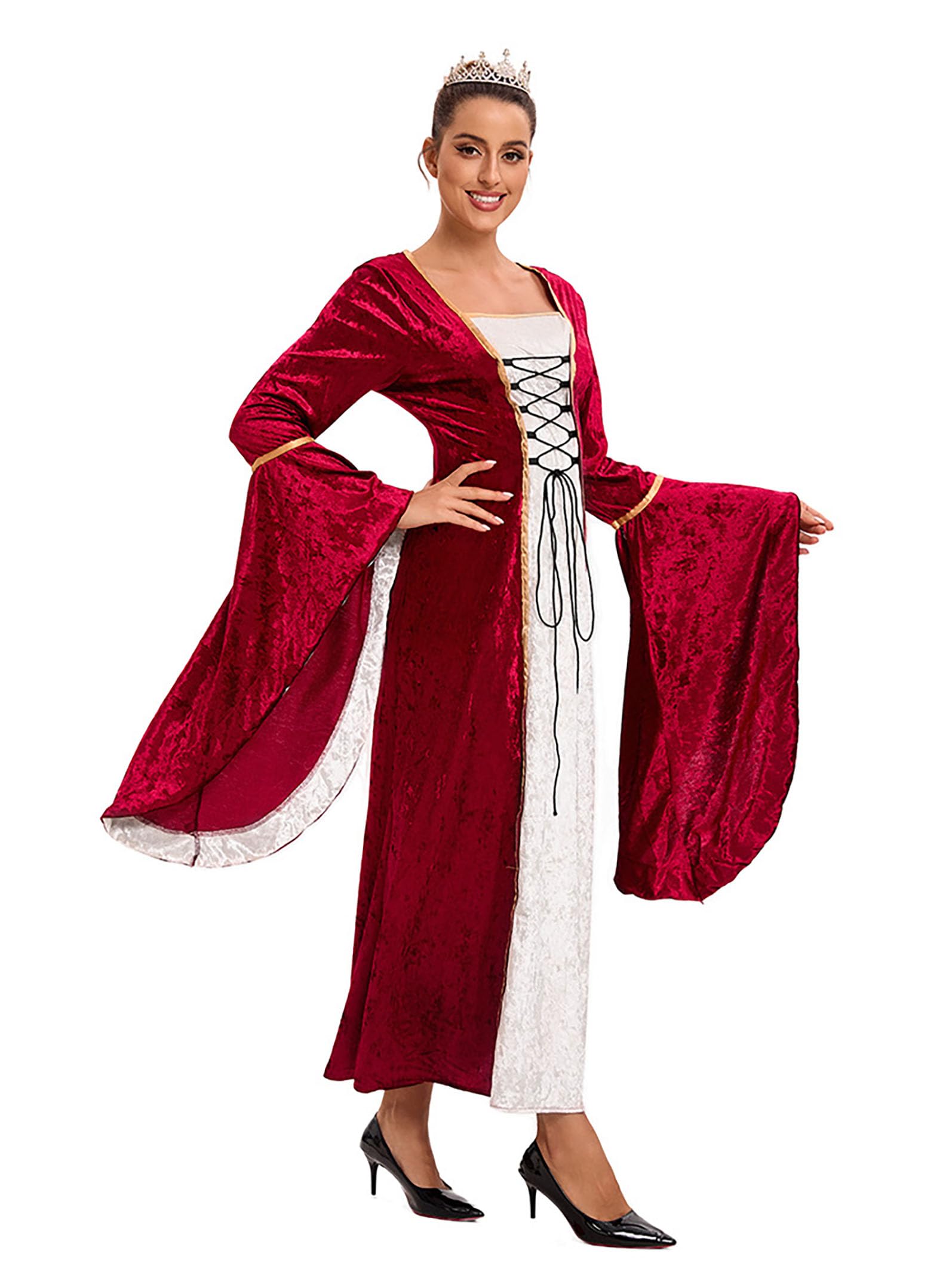 Robe en velours rétro médiévale pour femme avec manches trompettes Styles victorien, Renaissance, pour fête, Halloween, carnaval, gothique