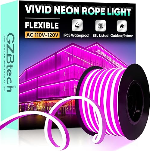 GZBtech Tira de luces LED flexibles de neón de 50 pies, tira de luz impermeable CA de 110-120 V, 120 LEDsM, iluminación de neón conectable para