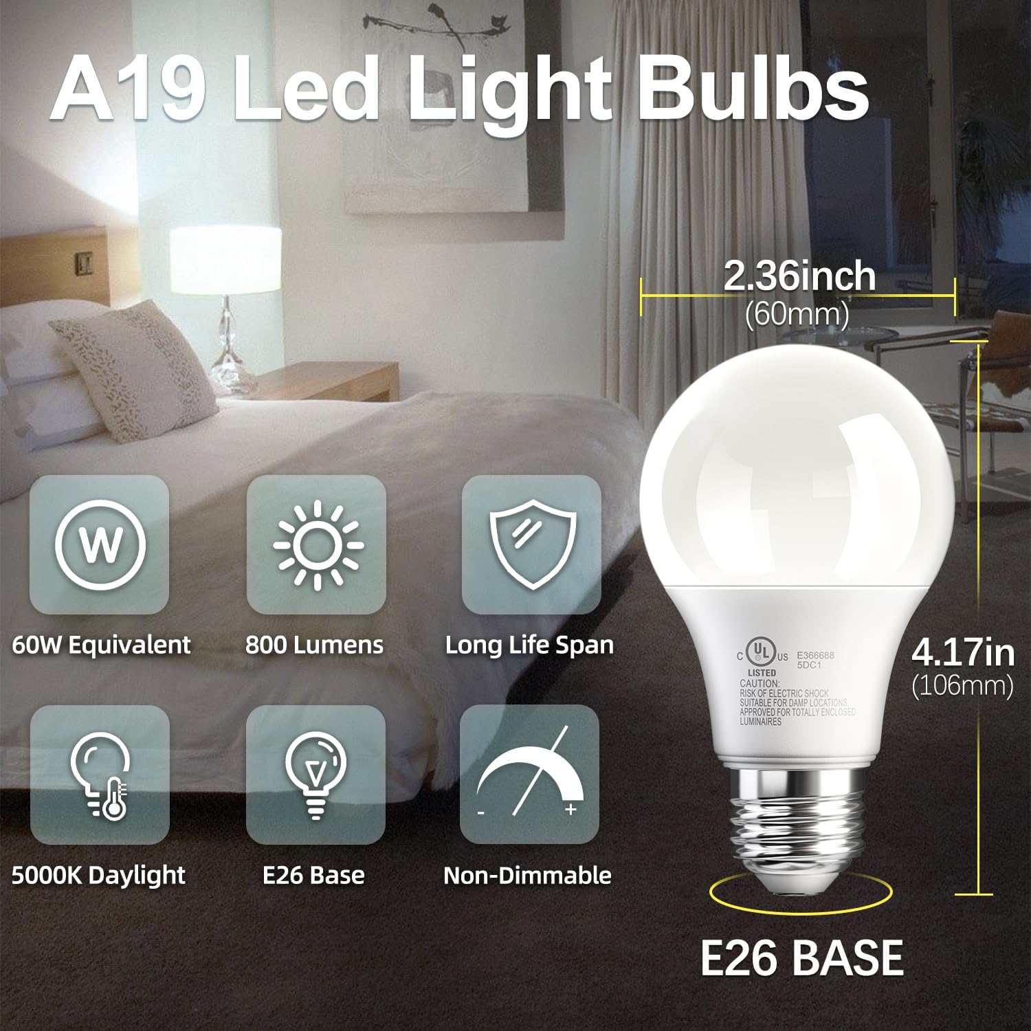 TJOY 24 Pack A19 LED Light Bulbs, 60 Watt Equivalent LED Bulb, Efficient 9W, Daylight 5000K, E26 Standard Base, Bright White Light Bulb, Non Dimmable, Energy Saving, 800LM, 80 CRI, 120V, UL Listed