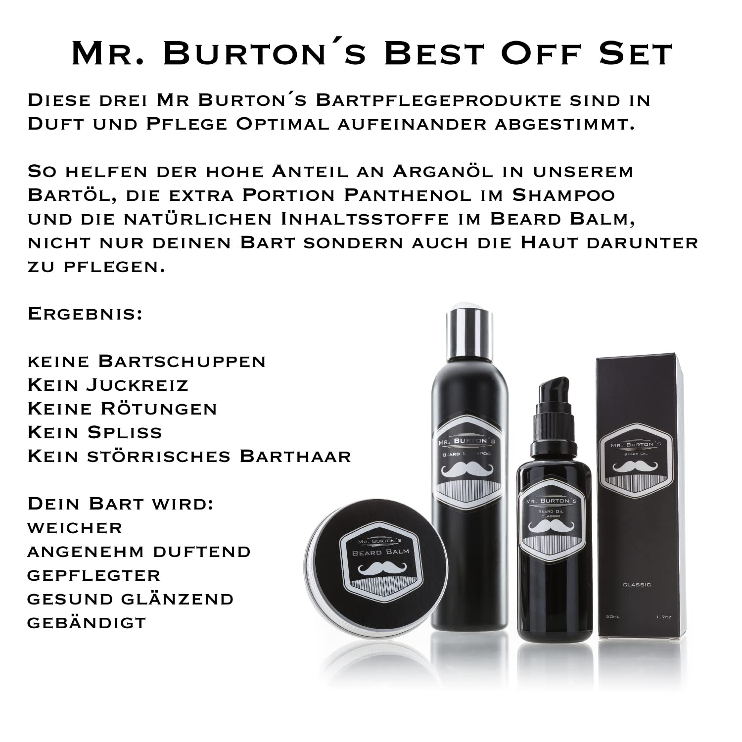 Bartpflege Set CLASSIC - 3 teilig von Mr. Burton´s. Inklusive Bartöl + Balsam + Bartshampoo