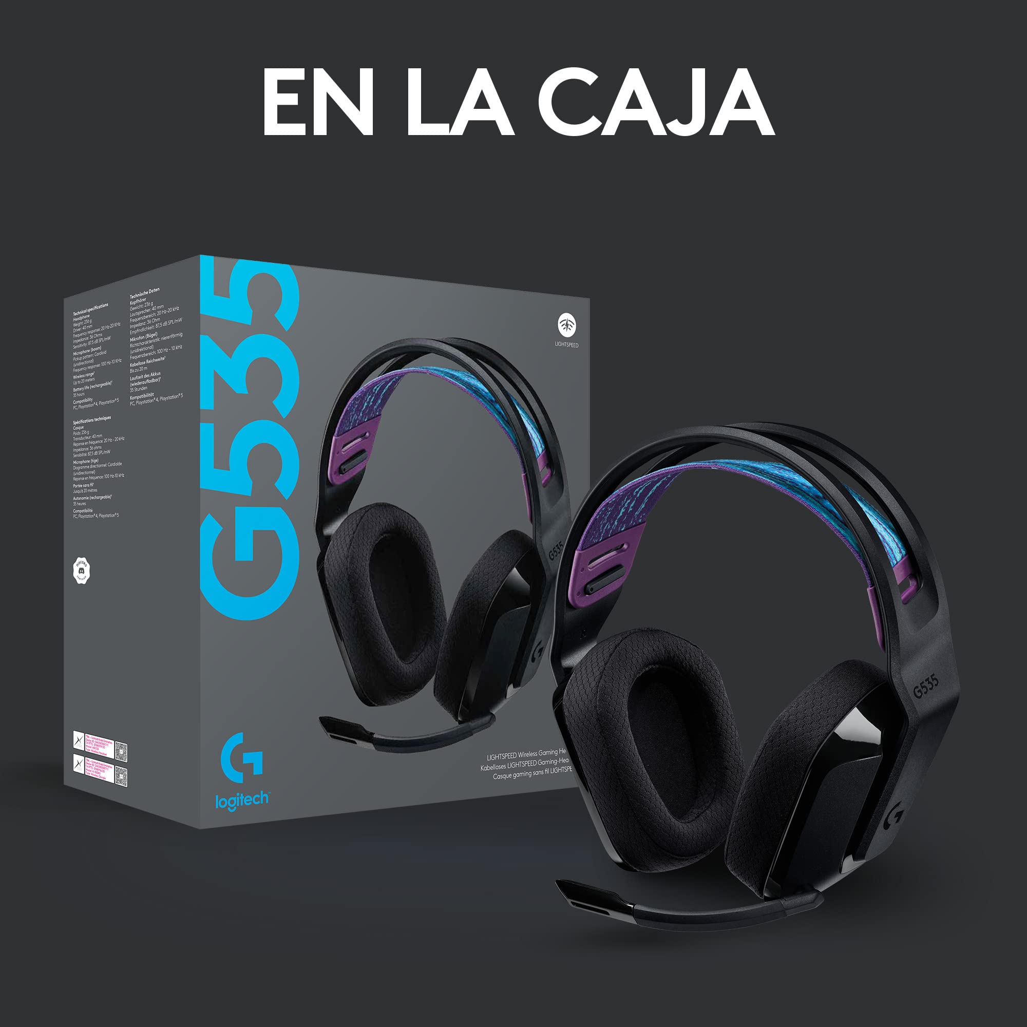 Logitech G535 Lightspeed Auriculares inalámbricos para Gaming con micrófono - Auriculares supraaurales Ligeros, micrófono volteable para silenciar, estéreo, PC, PS4, PS5, Recargables por USB - Negro