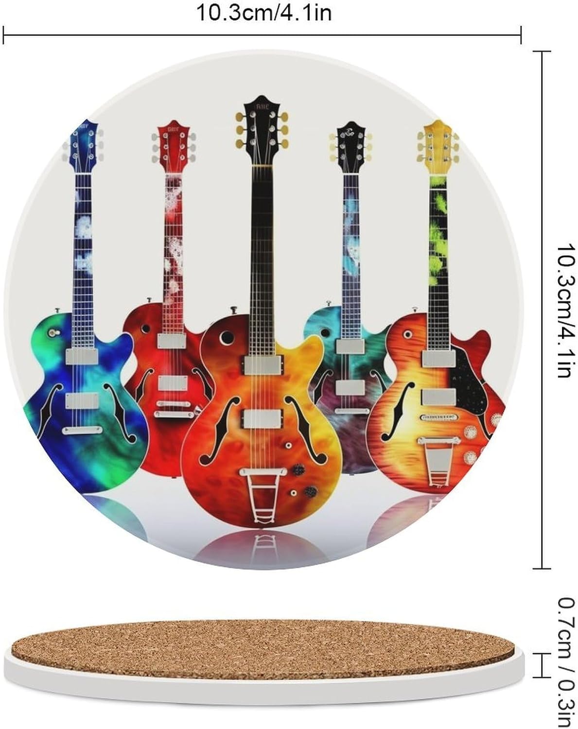 6PCS Guitars Coasters Non-Slip Round Drink Coasters with Ceramic Stone and Cork Base, Heat Resistant Absorbent 33.00Stone Coaster Set for Kinds of Mugs and Cups, 4 Inch