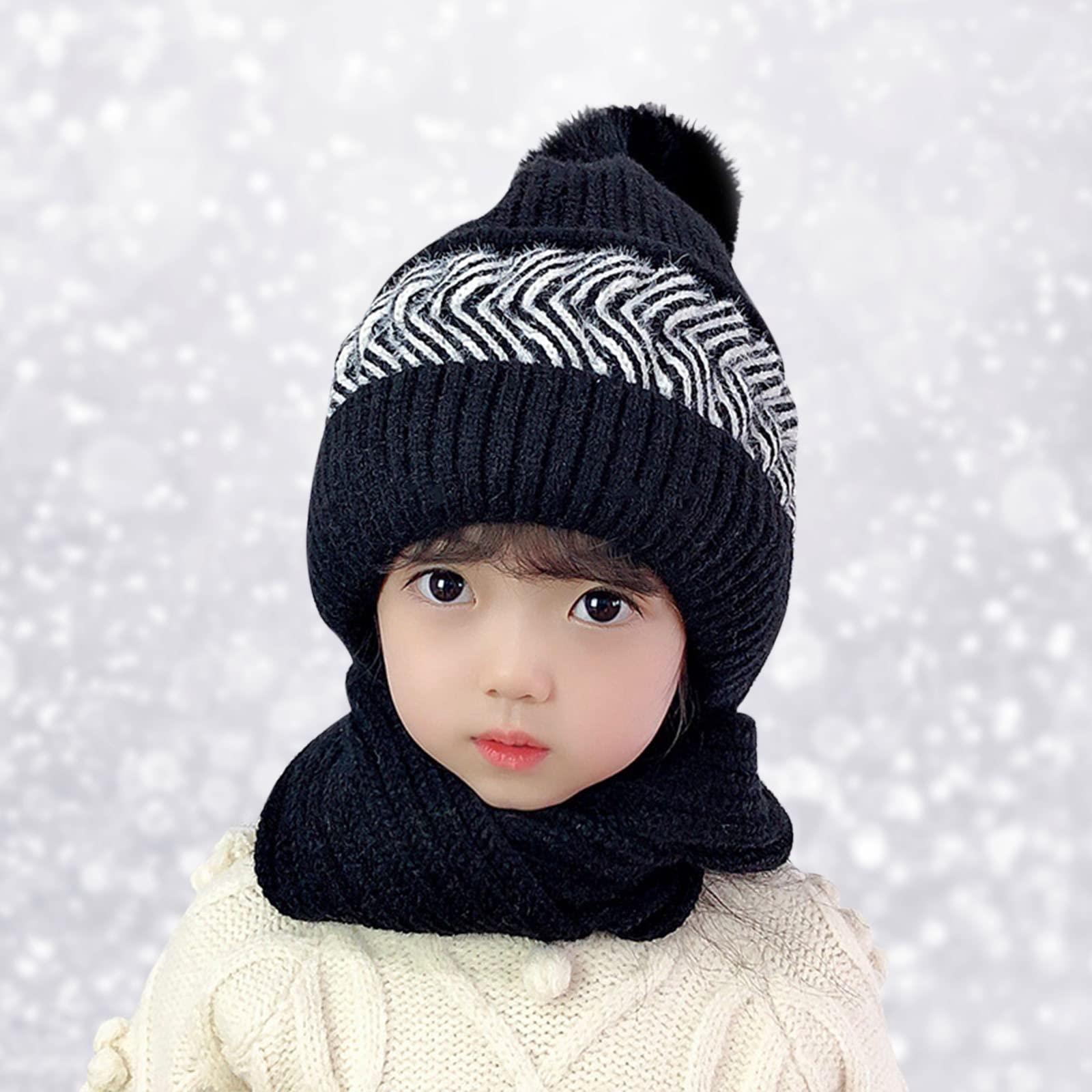 Ciepła Zimowa Czapka Czapki Zimowe Ciepła Włóknina Dzianinowa Czapka Dziecięca Czapka Zimowa Z Kapturem Szalik Czapka Zimowa Z Nausznikami/Black/One Size