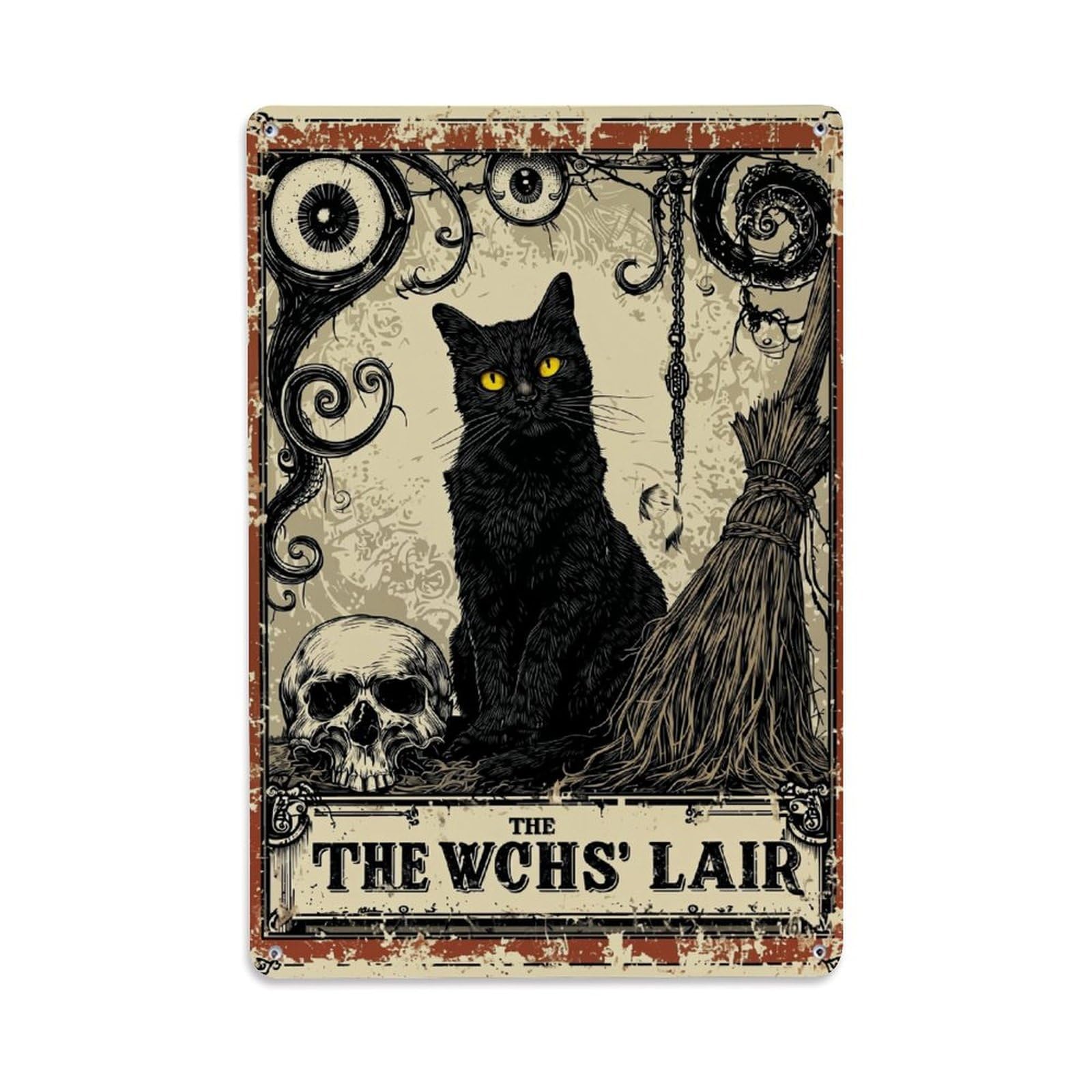 Jdyaojiesheng Vintage Black Cat Skull Broom Eyes Tin Sign Retro Metal Wall Decor Metal Poster, Home Bar Garage Farmhouse Cafe Wall Art Decoration 8X12inches