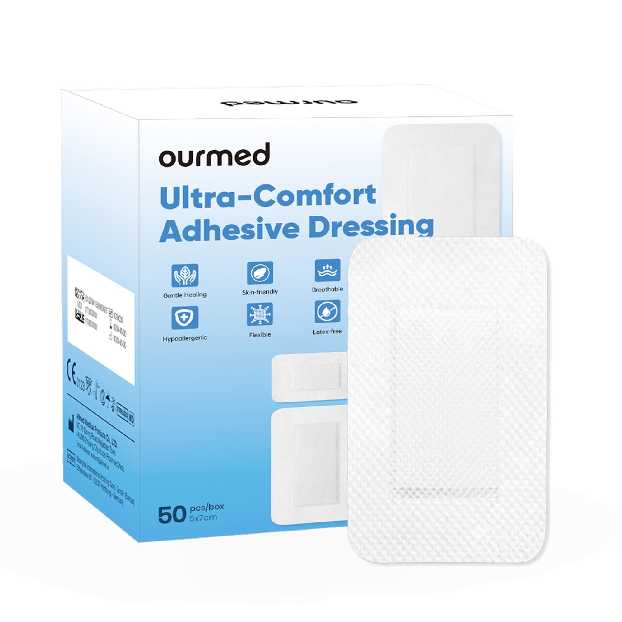 ourmedSterile Wound Plasters 5 x 7 cm, Self-Adhesive Sterile Wound Dressing with Strong Adhesion, Protects Against Cuts and Scratches, Painless to Remove, Individually Wrapped, Pack of 50