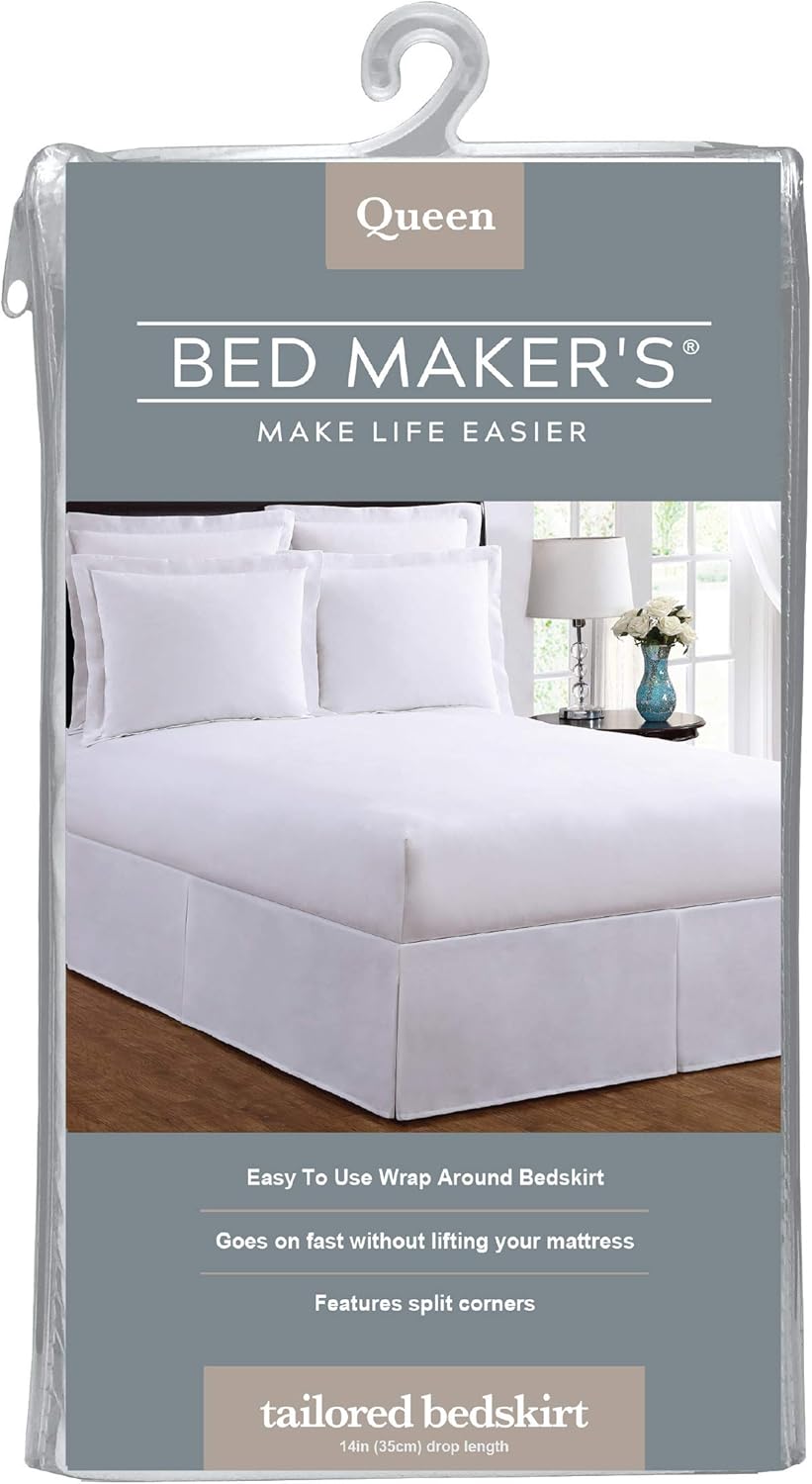 Bed Maker’s Never Lift Your Mattress Microfiber Wrap-Around Bed Skirt, Tailored Style, Classic 14 Inch Drop Length, Queen, White: Home & Kitchen