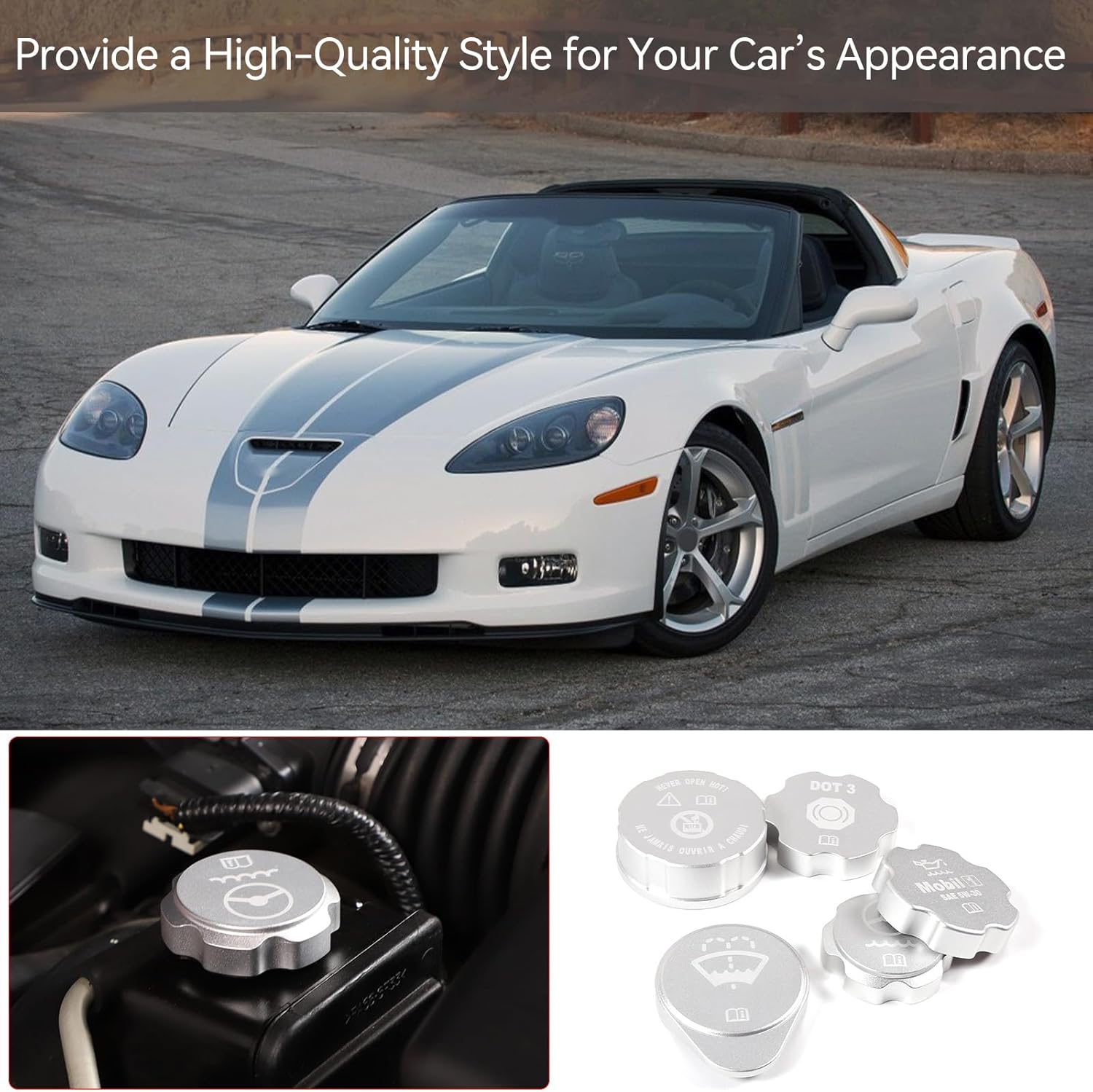 PIUGILH Car Engine Oil Cap Radiator Cap Brake Fluid Cap Cover Fit for C6 Corvette 2005-2013 Accessories, Aluminum Alloy Car Engine Bay Cap Cover Kit Protection Cover Trim, 5Pcs