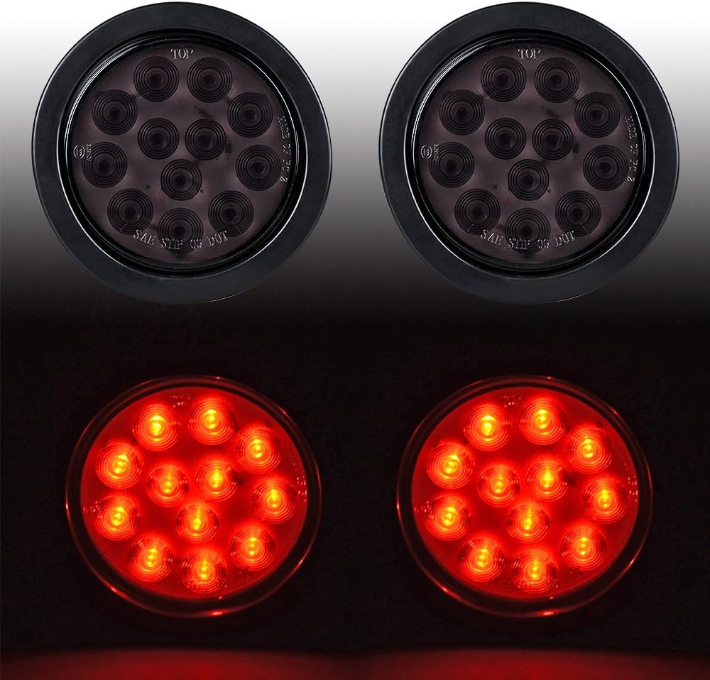 Anzio Smoke Lens 4" Round 12 LED Red Round Brake Stop Tail Light Cargo Semi Trailer Container Tractor Truck Bus (8pcs)