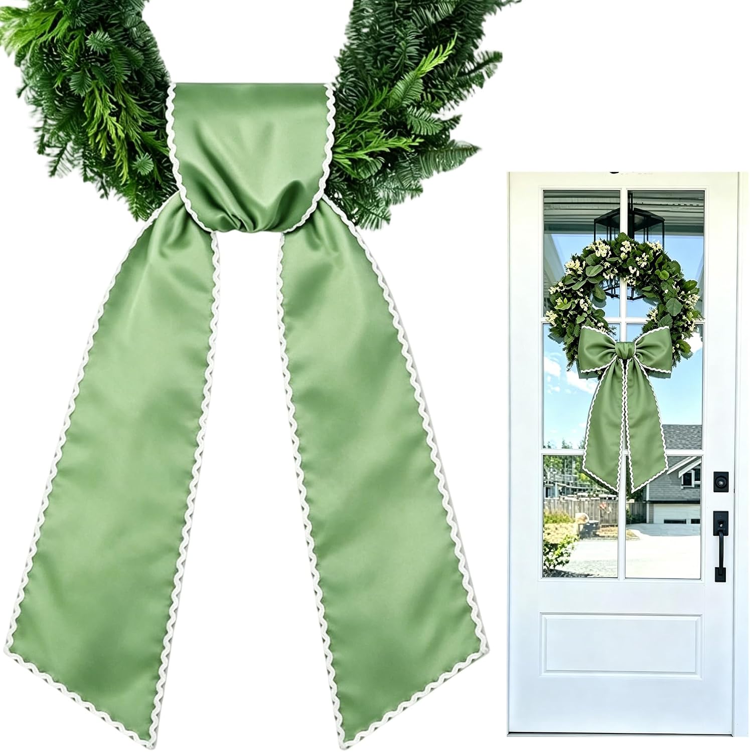 Spring Sage Green Wreath Sash for Front Door, RIC Rac Trim Green Ribbon Door Wreaths Bow Garland for Indoor Outdoor Holiday Summer Wedding Birthday Party Bridal Shower Home Decor