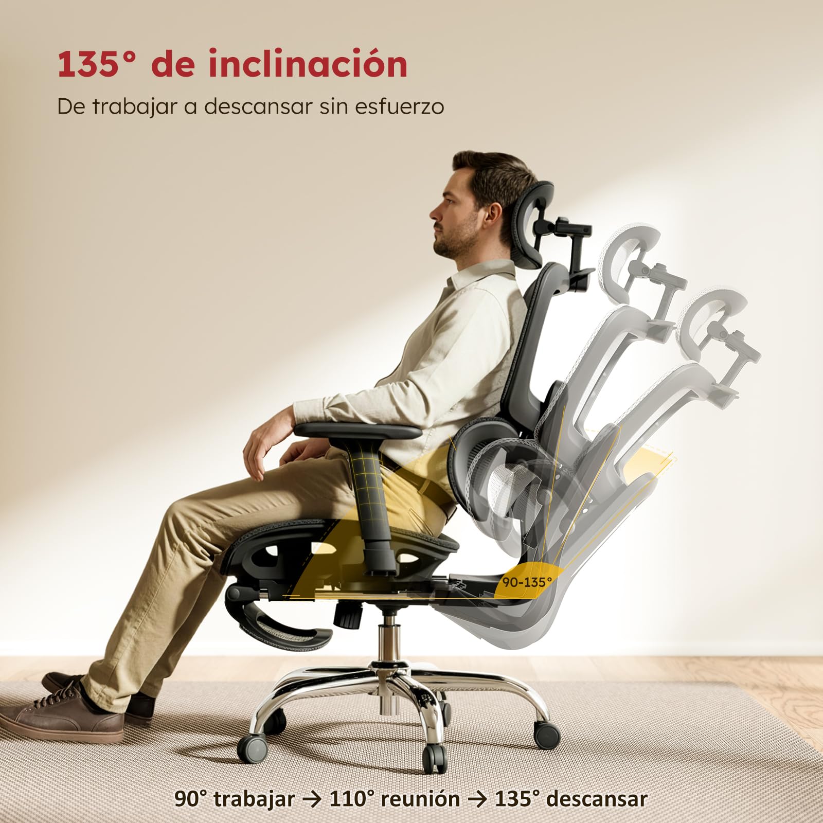 Silla de Oficina ergonómica con reposacabezas Ajustable, Soporte Lumbar y reposabrazos Plegables 3D, Silla de Ordenador con Ajuste de Altura y función basculante,Silla giratoria de hasta 150kg,Negro