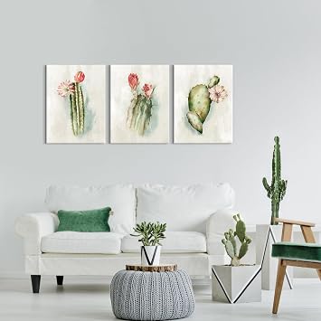 Green Cactus with Flower Pictures Succulent Wall Art Watercolor Botanical Plant Paintings Cacti Pictures for Kitchen Home Wall Decoration 12x16Inchx3pcs