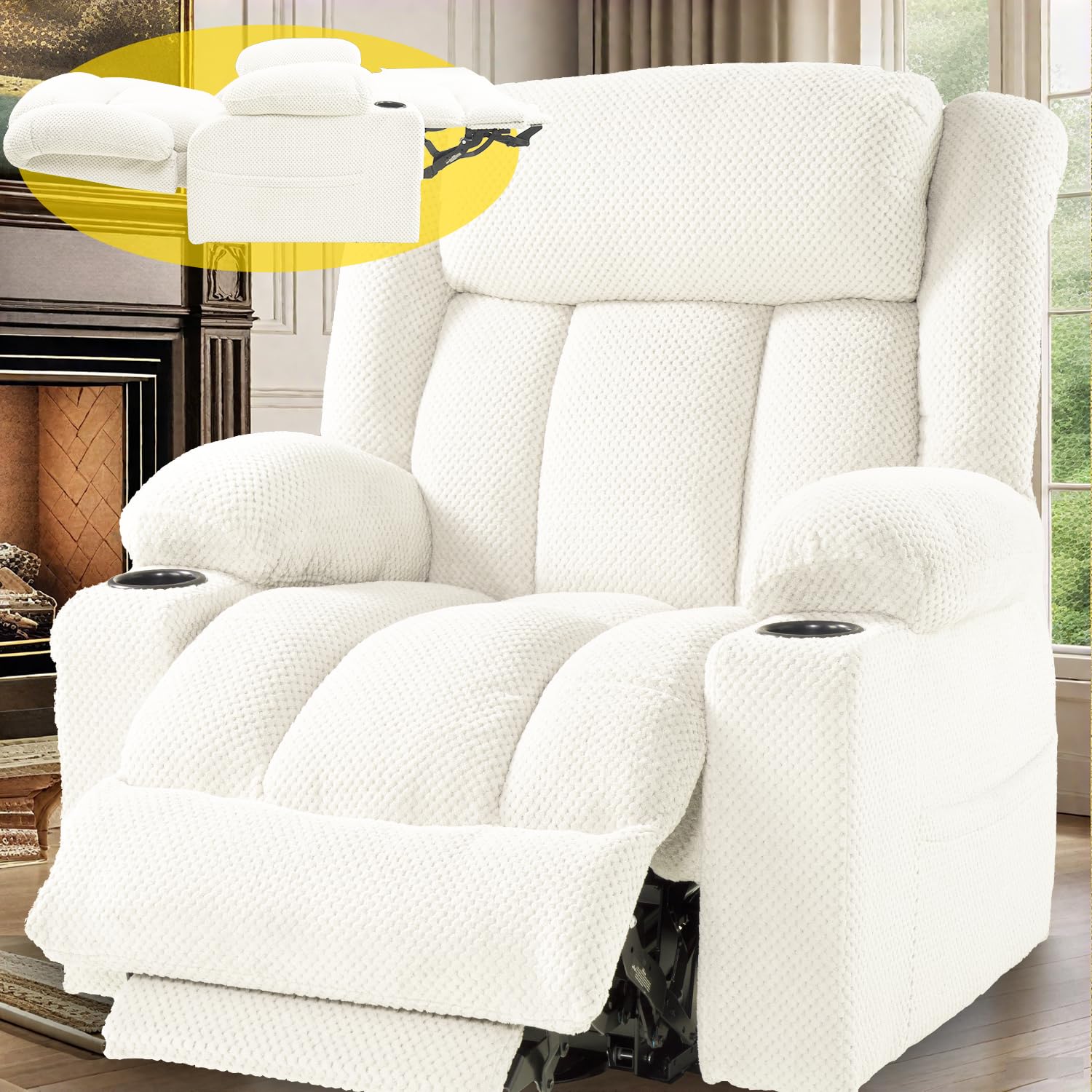 3 Motor Large-Wide Lift Chair, Infinite Position, 180° Lay Flat, Power Lift Chairs Recliners for Elderly Big and Tall, Massage &amp; Heat, Extended Footrest, Soft Plush Flannel (Cream White)
