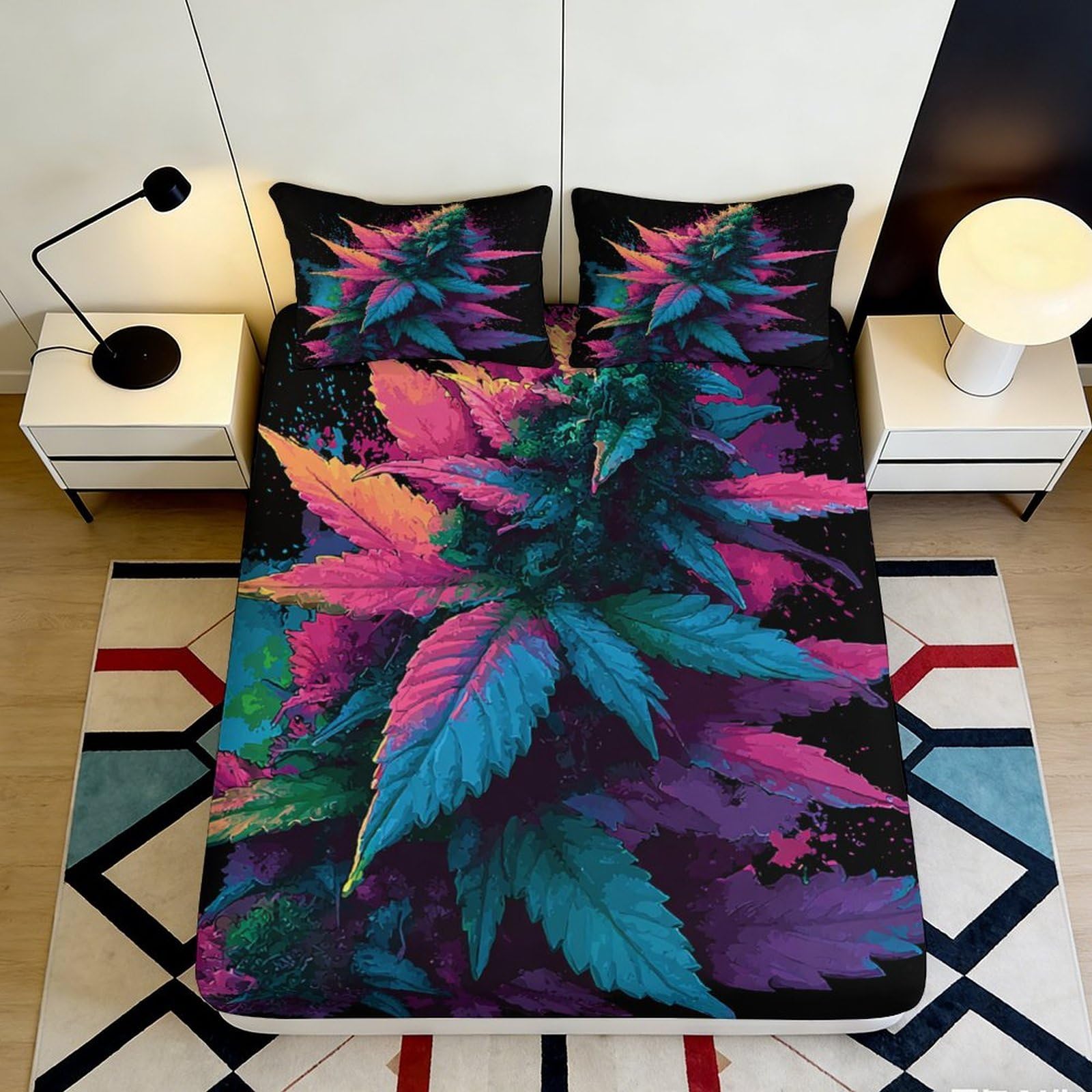3D Printed Colorful Cannabis Fitted Sheet Microfiber Soft Breathable Psychedelic Leaf Mattress Cover for Bedroom Dorm Decor 90x200x25cm