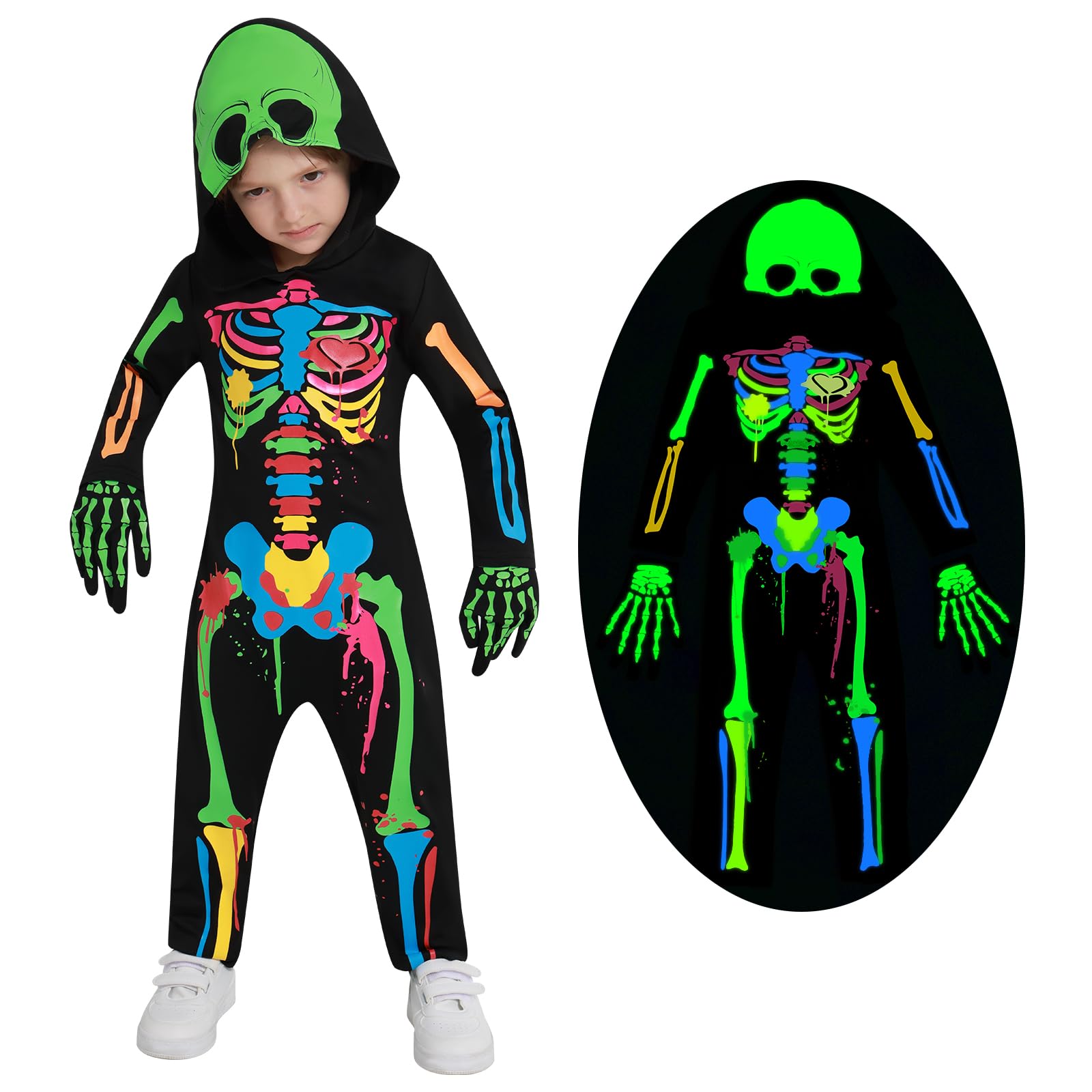 Miyanuby Kids Halloween Skeleton Costumes Toddler Boys Girls Glow in The Dark Skull Bones Luminous Hooded Jumpsuit with Gloves Baby Children Chucky Costume Blue-Green