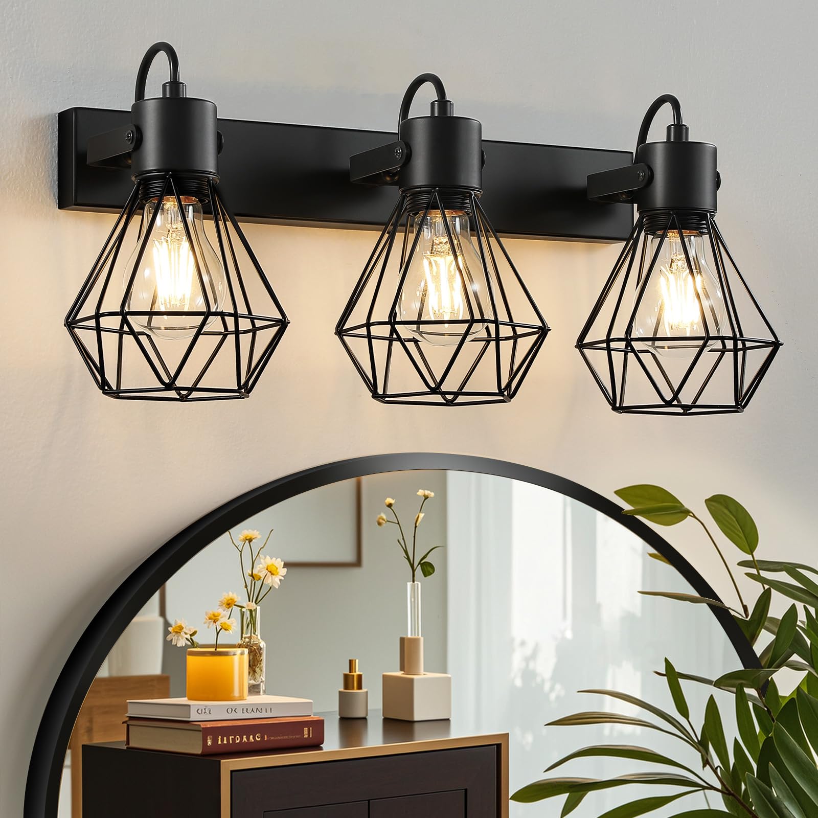 Epinl Bathroom Vanity Light Fixtures: 3 Lights 90° Rotatable Black Wall Lights Over Mirror with Metal Shade, E27 48CM Vintage Farmhouse Indoor Bathroom Lighting Fixture for Bedroom Living Room