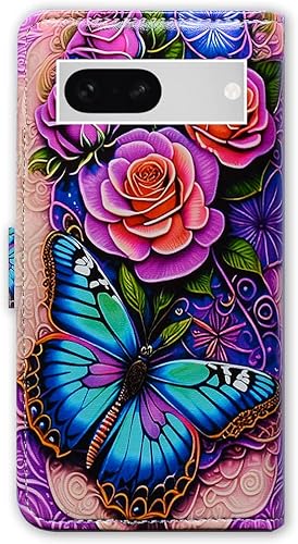 Miniatura 7 de Pixel 7a - Funda de piel con tapa y función atril para Google Pixel 7a, diseño de flores y mariposas azules