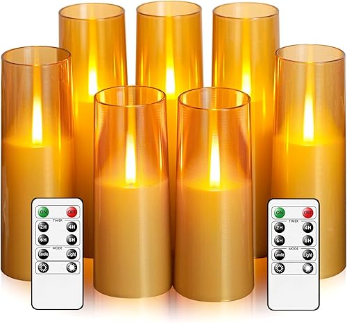 Vista 11 de Velas LED sin llama mejoradas con efecto de llama parpadeante, 7 piezas de velas operadas por batería con temporizador remoto, velas LED de pilar