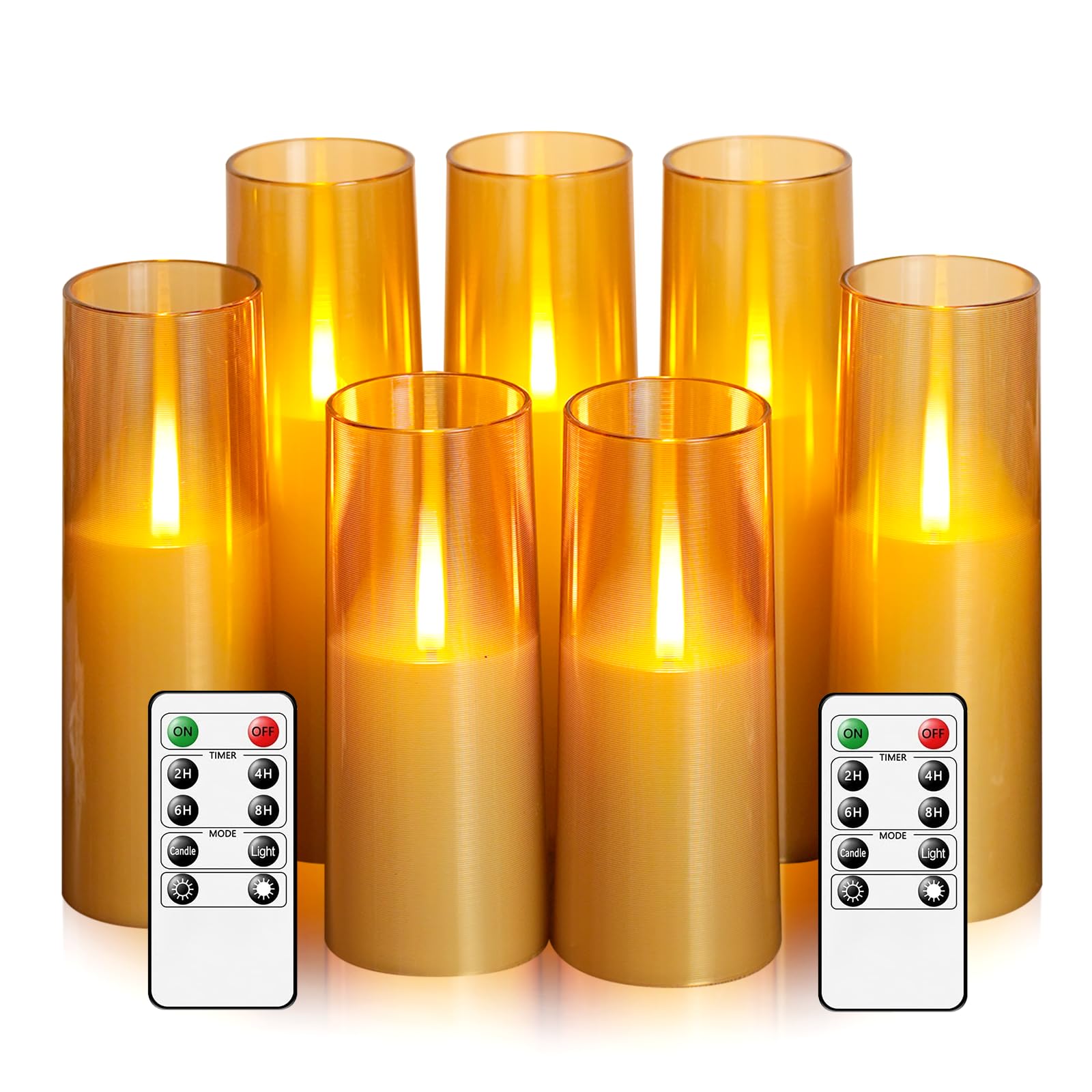 kakoya Candele elettriche a LED senza fiamma, realistiche, con fiamma tremolante, 7 pezzi, candele a batteria con timer remoto, candele a pilastro a LED per decorazione domestica, Natale e feste (oro)