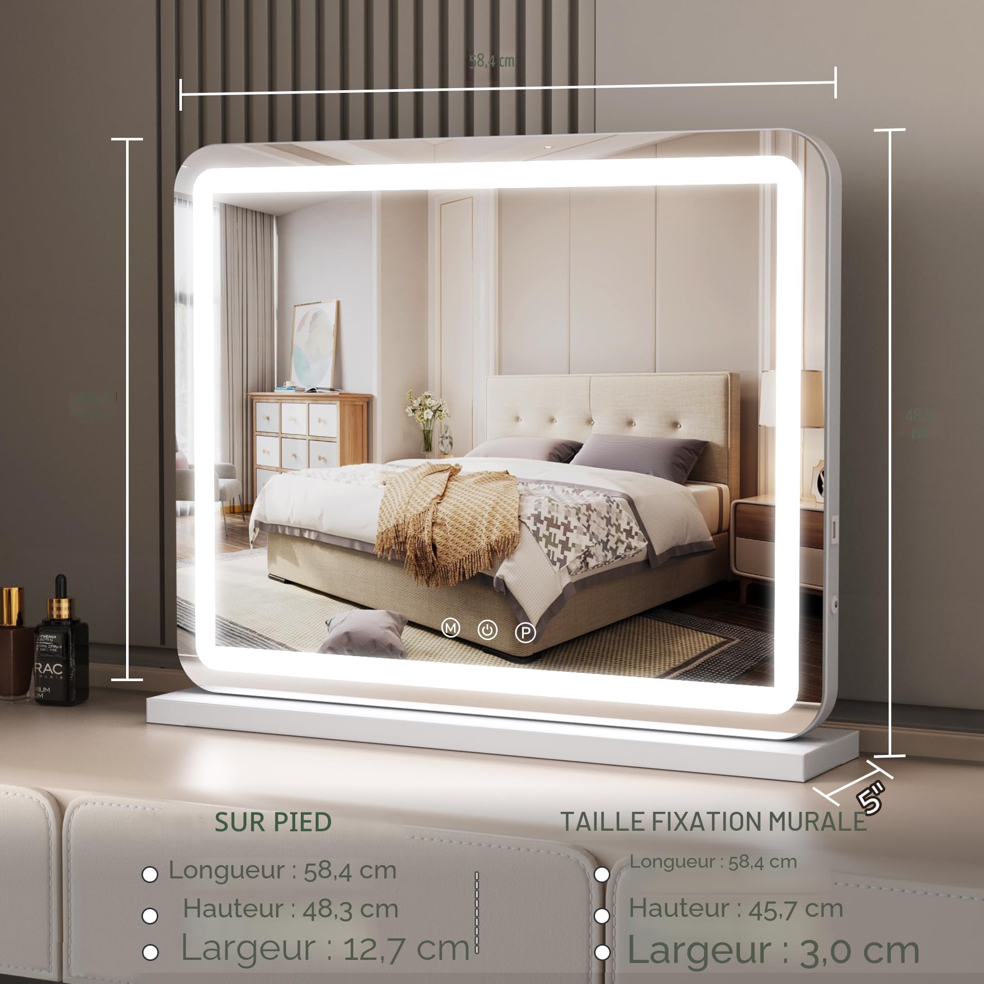 ZL ZELing Miroir Coiffeuse 58 x 48cm, Miroir LED Hollywood Contrôle Tactile, 3 Modes de Couleur, Luminosité Réglable, Port USB, Miroir de Table et de Mur - Blanc
