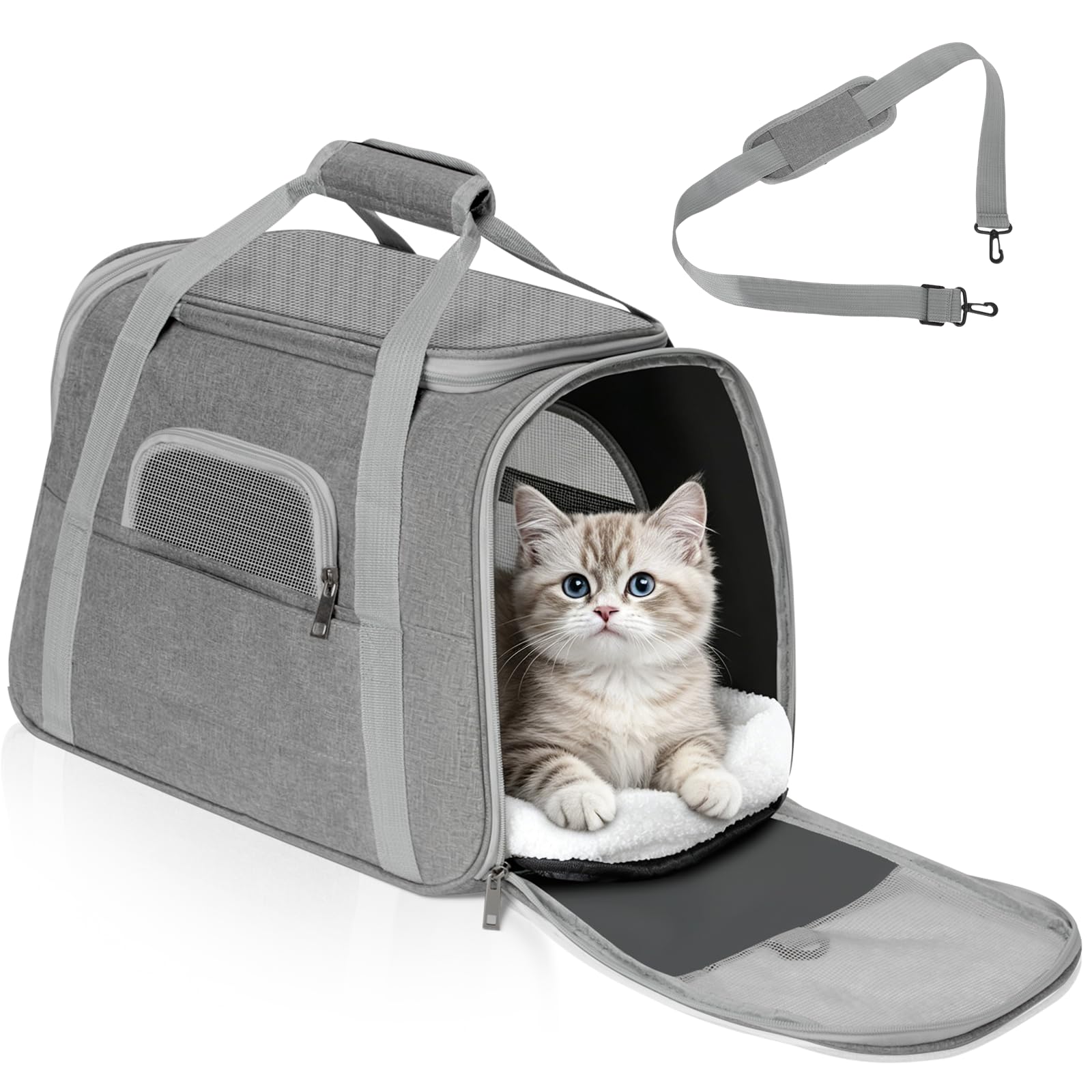 Romon Transportín Gato Perro, Transportin Pequeño Cat Carrier, Bolsa Transporte Transpirable para Mascotas con Colchón Suave, Plegable Bolso Gatos Cachorros Gatitos de 6Kg, 17.3x11x9.8 Inch, Gris