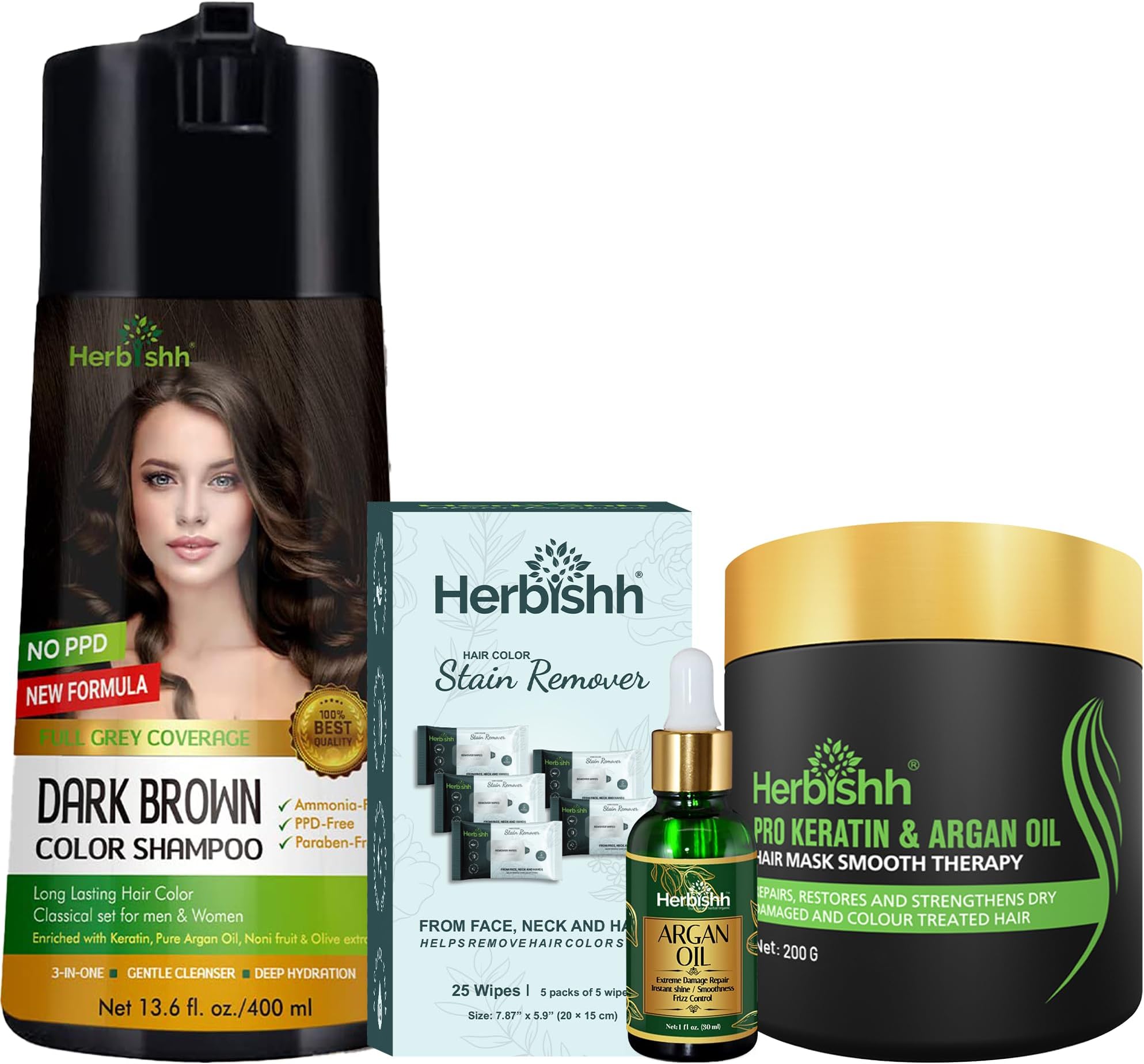 Hair Color Shampoo PPD Free Dark Brown 400ml + Argan Hair Mask 200ml + Argan Hair Oil 30ml + Stain Remover 25 Wipes