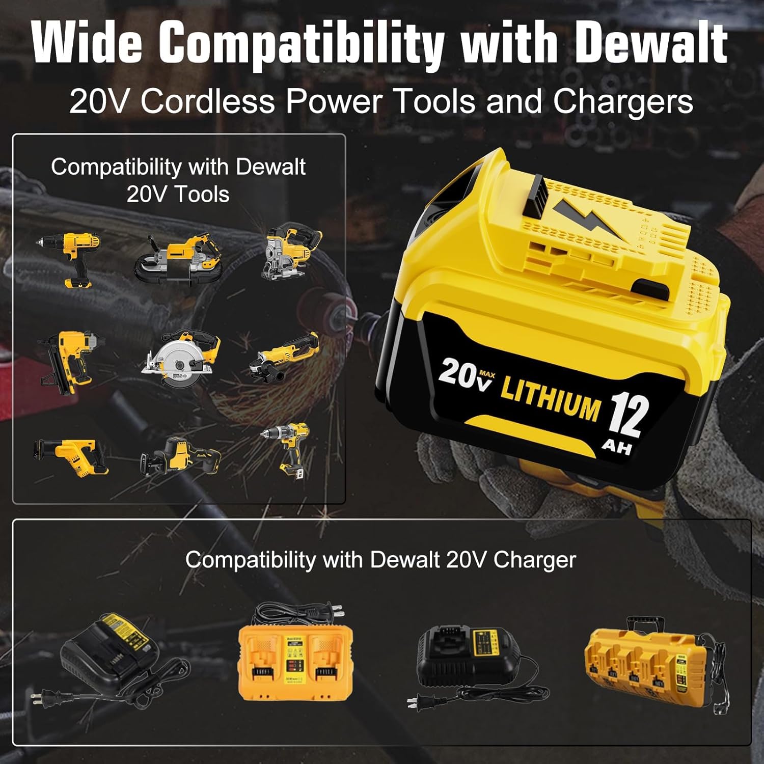 2 Pack 12000mAh High Capacity DCB206 Replacement for Dewalt 20V MAX Battery 12.0Ah and DCB107 Charger Combo Compatible with Dewalt 20V Battery Lithium DCB207 DCB204 DCB200 Power Tool (3Pack)