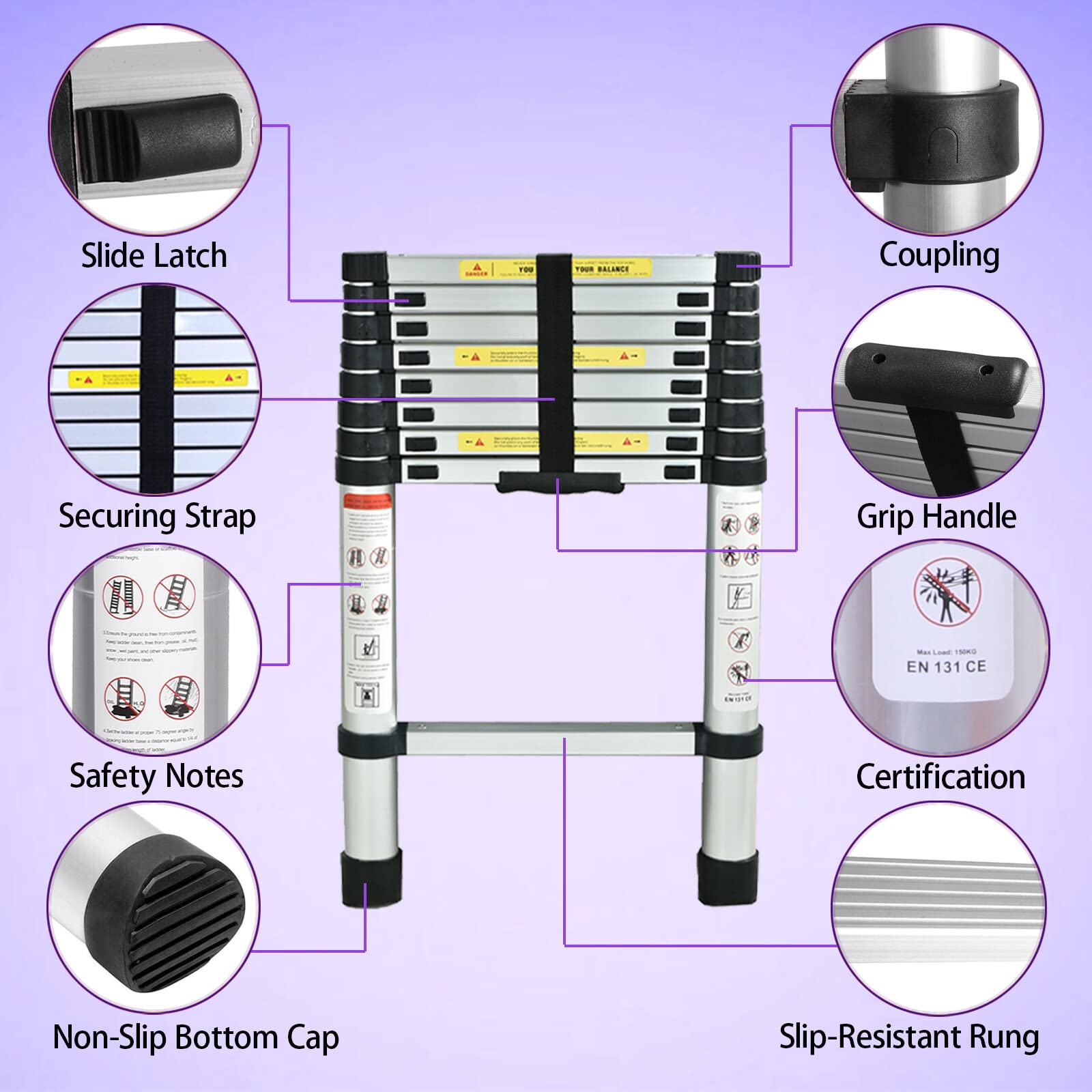 Amazon.com: 8.5FT Aluminum Telescoping Ladder Collapsible Extension Ladder  Loft Ladder Lightweight Adjustable Height Safety Lock Non-Slip Bottom Caps  for Home Use Roof RV Outdoor Activities 330lb Max Load : Tools & Home