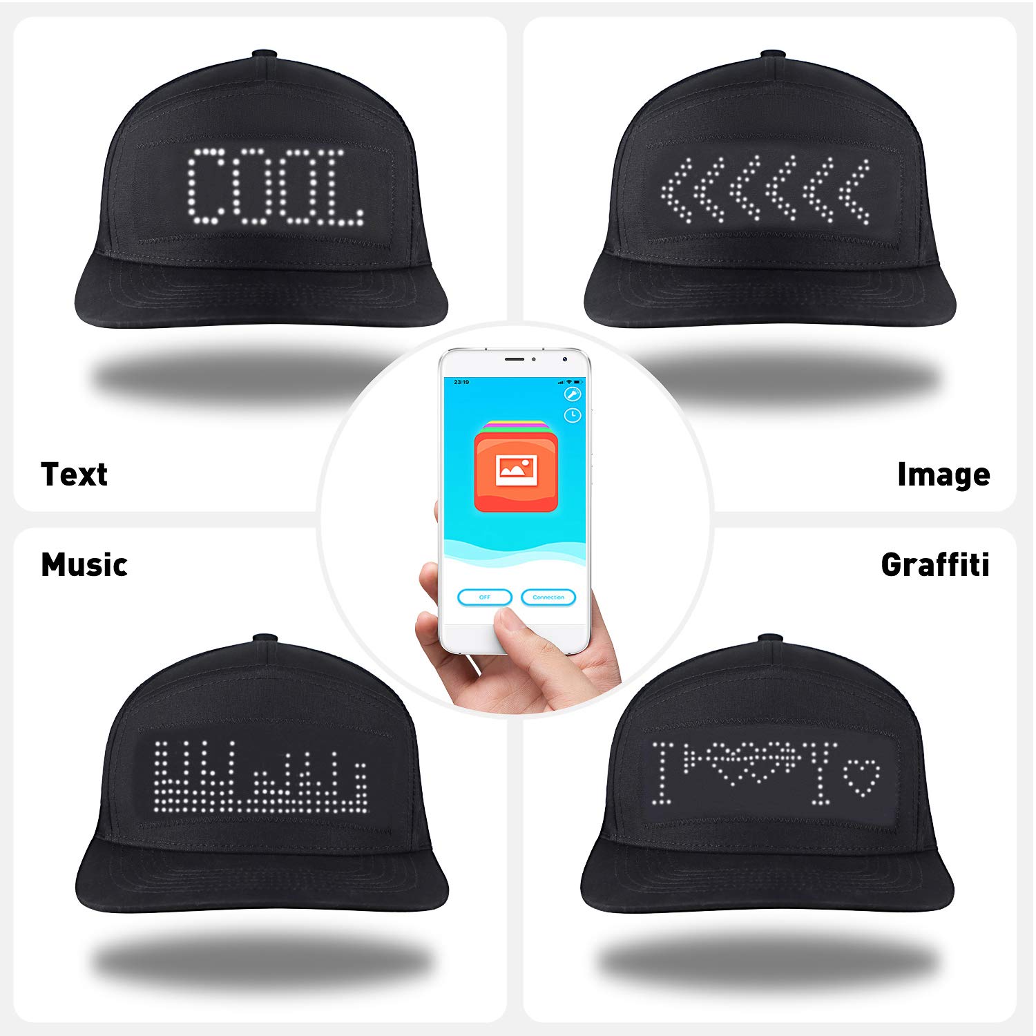 alavisxf xx LED Cap, Detachable LED Display Screen Smart Hat Adjustable Cool LED Baseball Cap for Party Christmas Halloween(Black) - Image 2