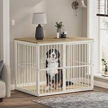 Lyromix 43 Dog Crate Furniture with 3 Doors, XL Wooden Crate End Table, Heavy Duty Indoor Puppy Cage Kennel for Medium to Large Dogs, Multiple Units Can be Combined, Natural Beech