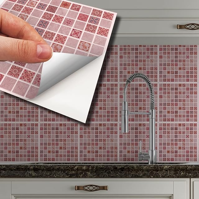 WALPLUS 15cm(6") Wall Tile Sticker Set Peel and Stick Backsplash Decals Vinyl Home Decors Splashback for Kitchen Bathroom Tile Paint Stick on Wall (24pcs 15x15cm, Pink Marble Vintage Azulejo)