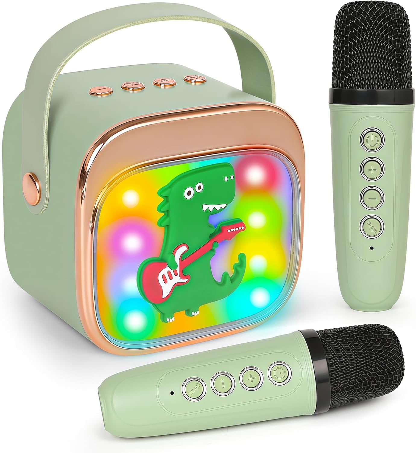Dinosaur Karaoke Machine for Kids, Portable Mini Karaoke Machine with 2 Wireless Microphones, 4 5 6 7 8 9 10 Years Old Girl Boy Easter Christmas Birthday Gift Colorful Lighted Speaker Party Toys