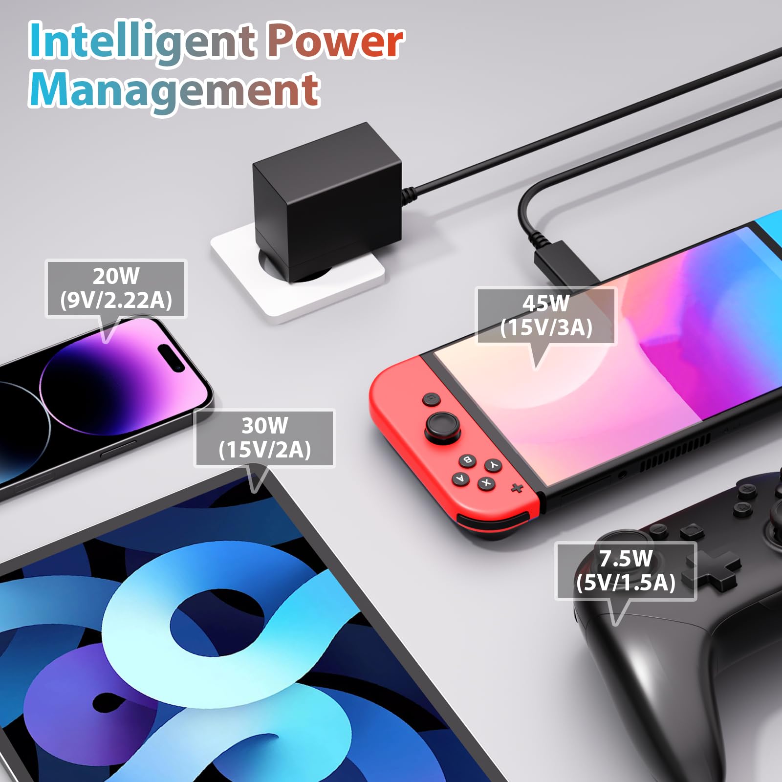 Caricatore per Nintendo Switch, 39W Rapido Caricabatterie per Nintendo Switch/Switch OLED/Switch Lite/Switch Dock (Supporta la modalità TV) e Switch Pro Controllore con cavo USB C da 1,5 m