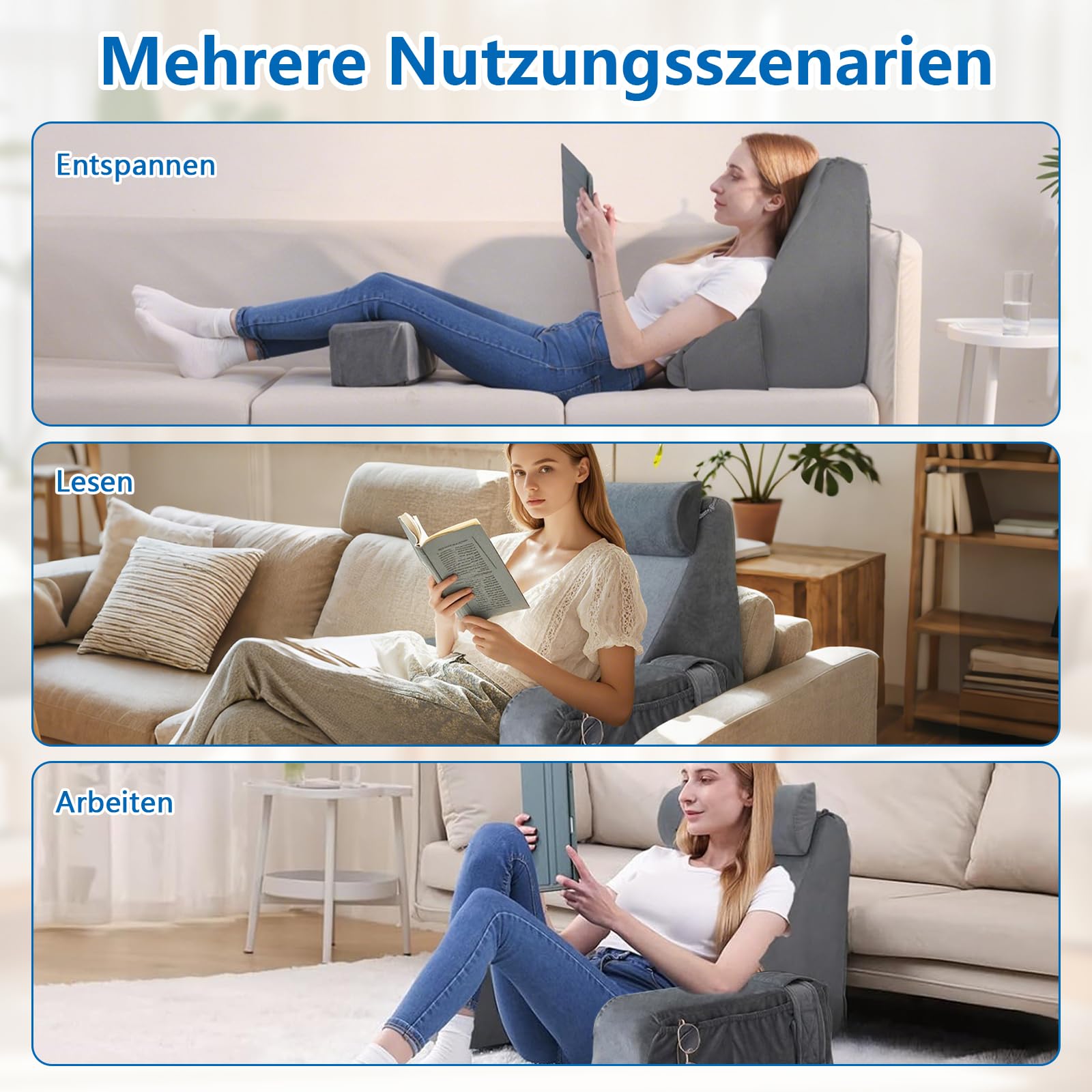 Rückenkissen, Lesekissen für Bett und Sofa mit abnehmbaren Armlehnen und Kopfkiseen, Rückenlehne für Erwachsene, Keilkissen mit Waschbarem Bezug, Rückenstützkissen zum Lesen/Spielen/Fernsehen