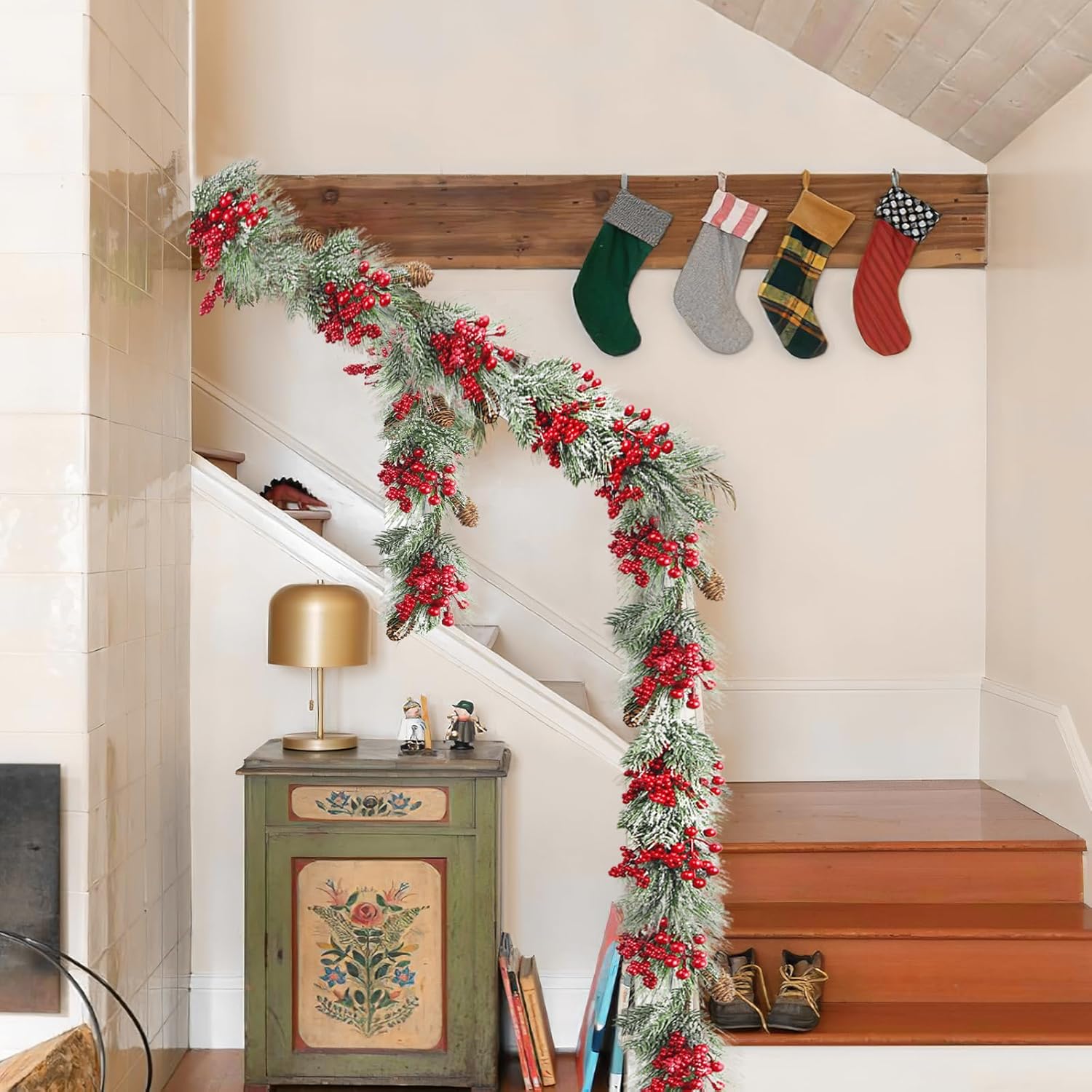 Christmas Garland for Decoration Red Berry Artificial Flowers Vines Christmas Outdoor Faux Greenery Garland Winter Pinecone Snowy Pine Needles Hanging Vine for Mantle Fireplace Party Home Decor - Image 4