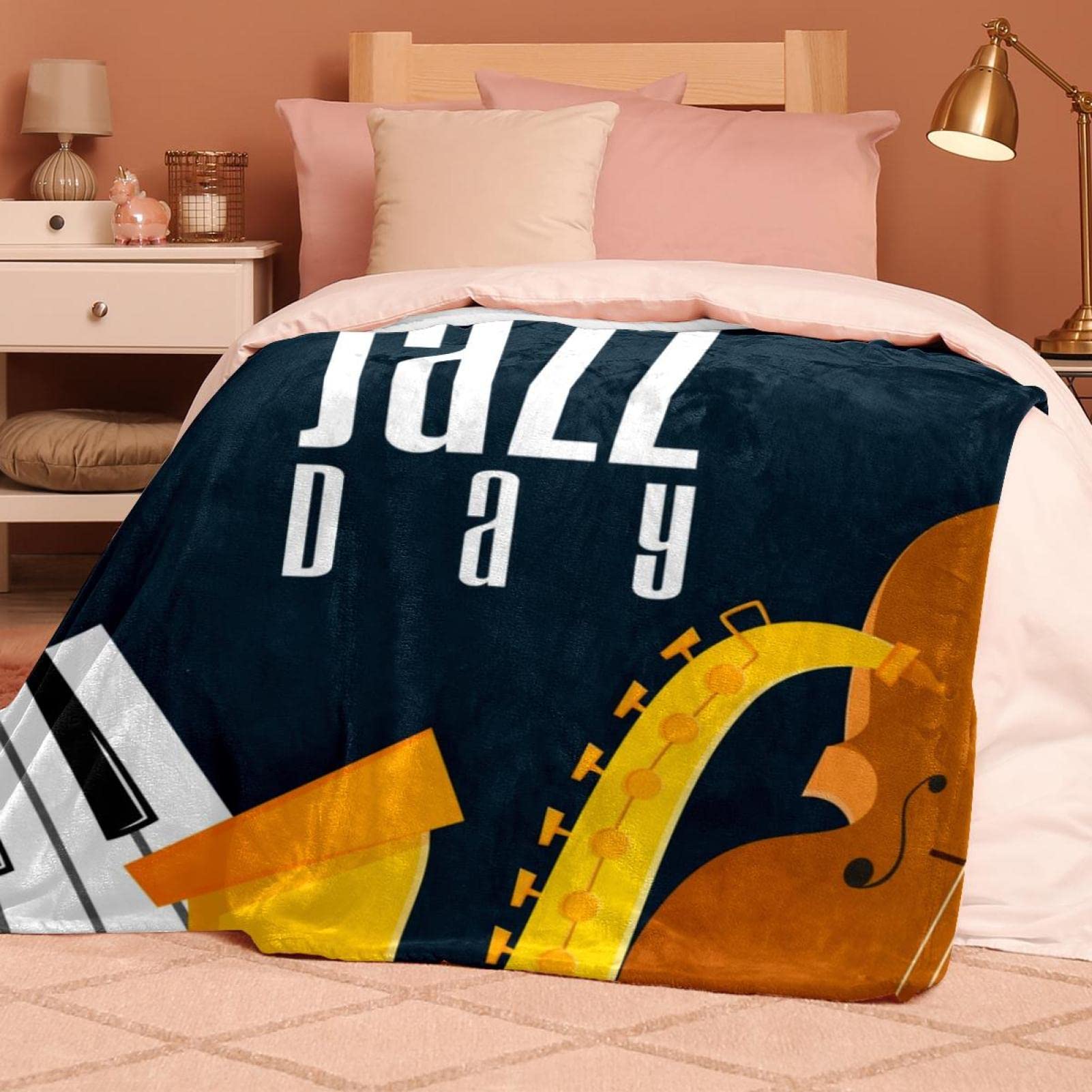 Happy Jazz Day Sassofono Pianoforte Violino Musica Coperta in Pile per Divano Leggero Peluche Fuzzy