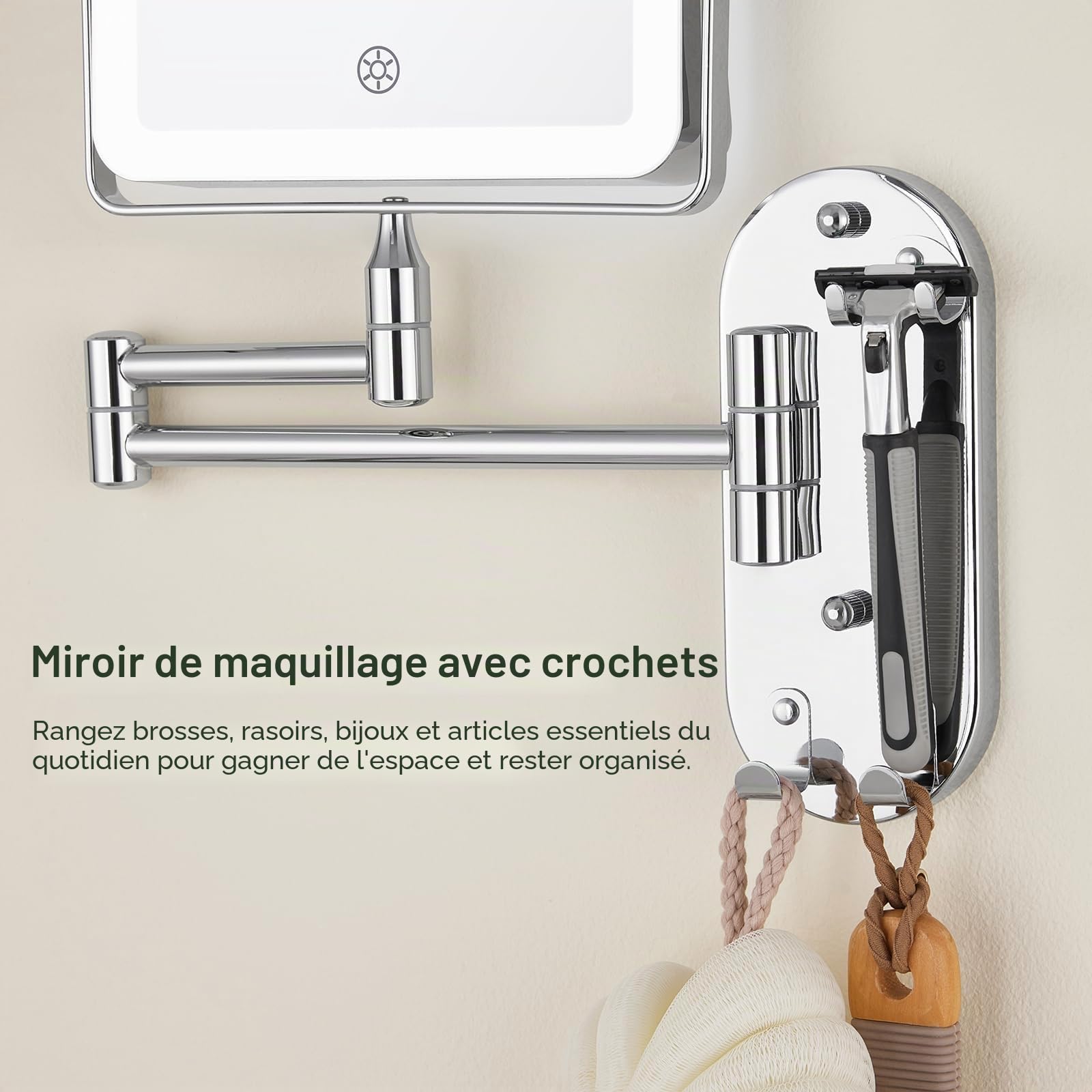 Miroir Maquillage Lumineux Rechargeable, Miroir Salle de Bain avec Éclairage 3 Couleurs, Miroir LED Grossissant 7X Mural, Rotatif à 360° et Extensible(AMZ-NHZJ2323-EU)
