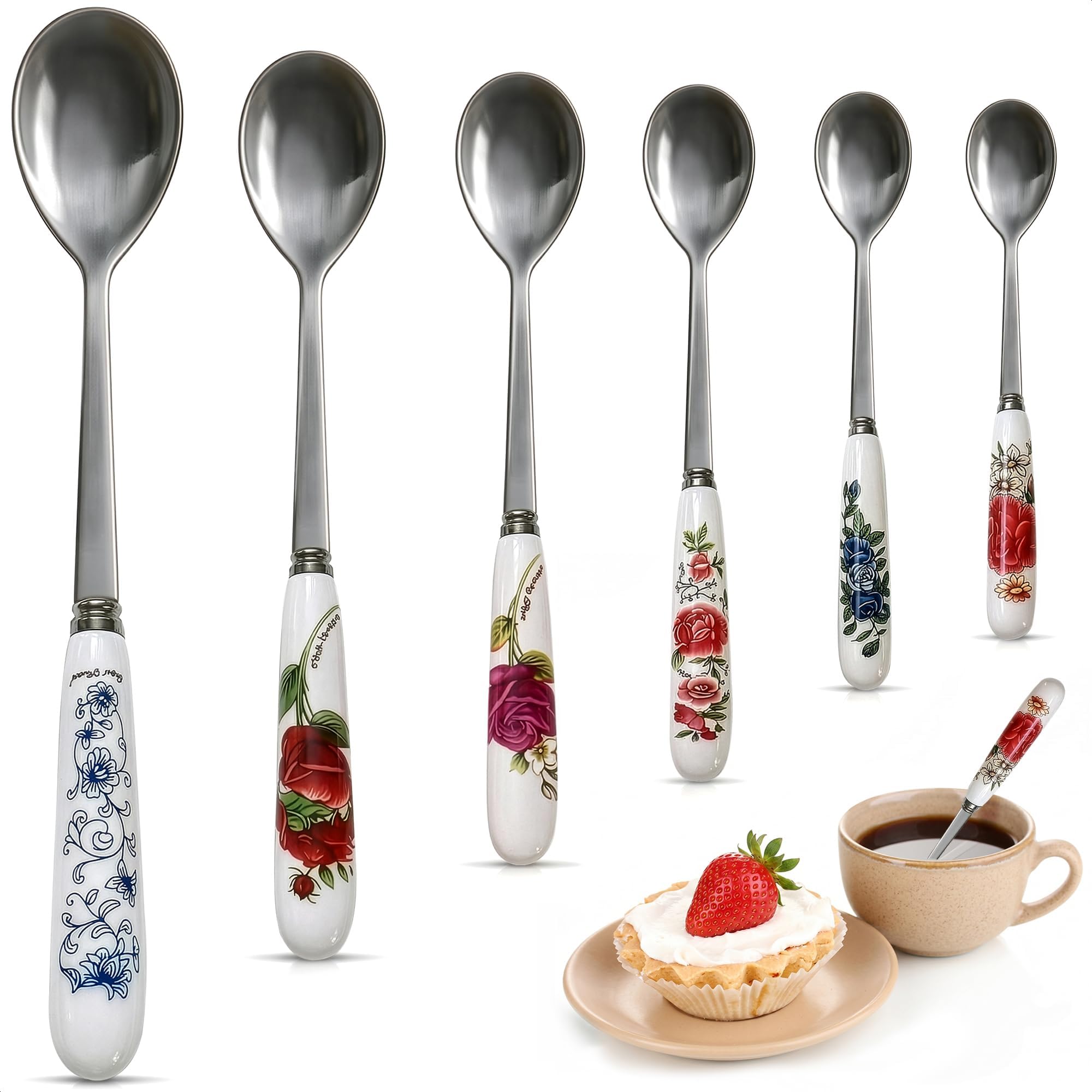 6 PCs Ceramic Handle Coffee Spoons Set – 6.1" Small Dessert Spoons with Floral Design – Stainless Steel Tea & Dessert Sugar Spoon for Coffee Bar, Espresso, Hot Drinks | Kitchen Gift Set for Women