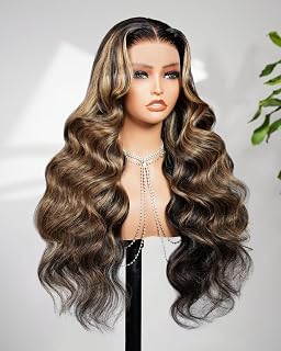 Highlight Ombre Lace Front Wig Human Hair Pre Plucked 200% Density 13x4 HD Transparent Lace Front Wigs Human Hair Balayage Body Wave Wig Pre Bleached 28 Inch 1B/27