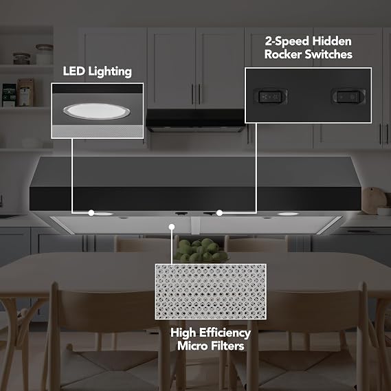 Broan-NuTone 30-Inch Black Under Cabinet Range Hood- Trusted Quiet Power with 350 CFM, 1.5 Sones for Effective Everyday Kitchen Ventilation