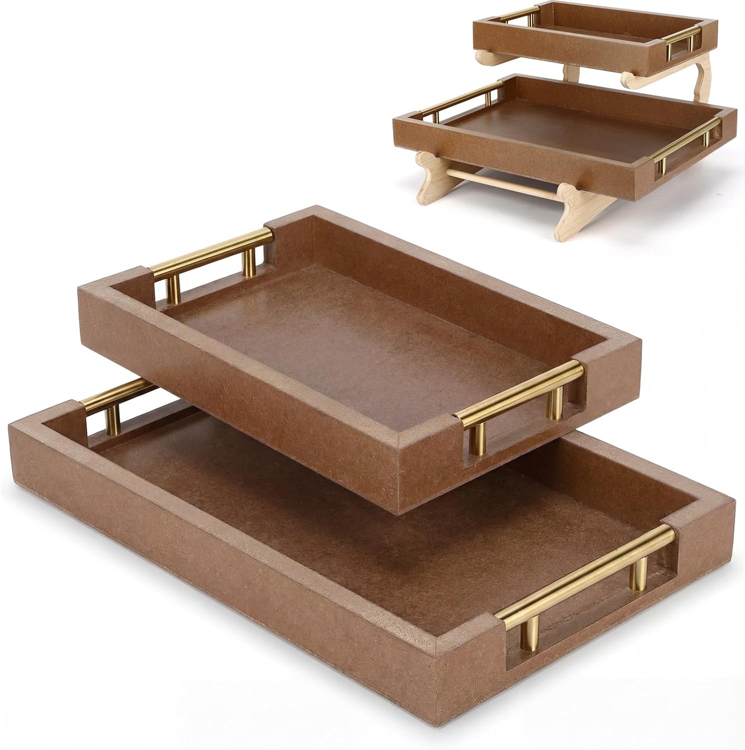 Leinuosen 2 Pack Serving Tray for Coffee Table Wooden Ottoman Tray with Gold Handles 12"x16" & 8"x12" Large Decorative Trays with Bamboo Stand for Storage Display and Party(White)