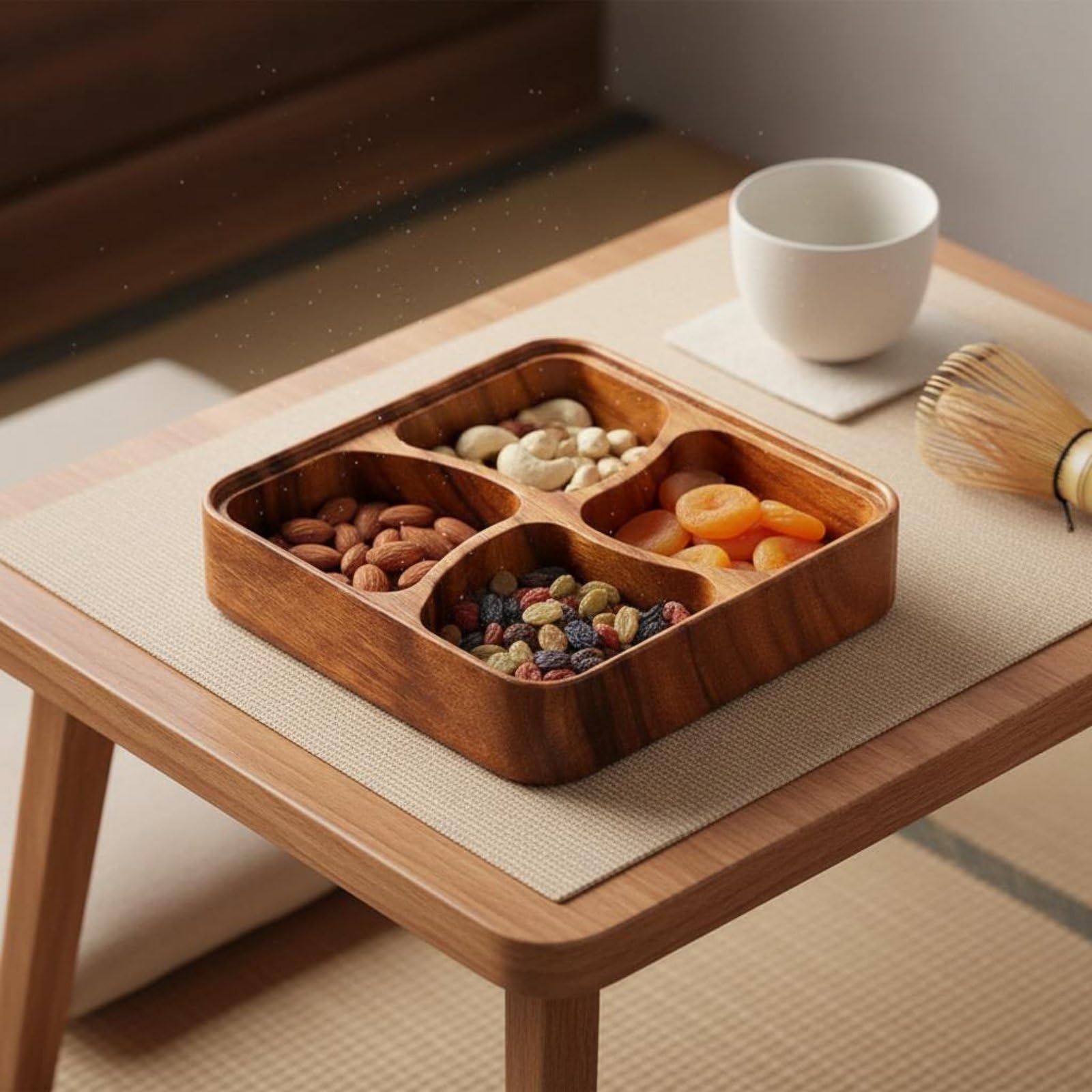 Fünfgeteilte Servierschale Holz Servierteller Snackteller Obstteller Häppchenteller aus Akazienholz mit Rustischem Charme Und Moderner Form für, Fünf-Fächer-Platte