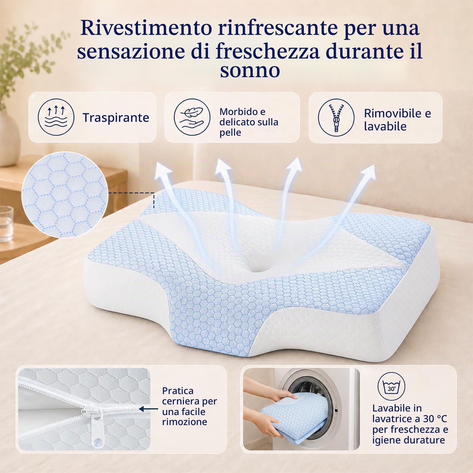 Cuscino cervicale in memory foam, cuscino ortopedico per il dolore al collo, cuscino ergonomico per il collo a 2 altezze, rivestimento lavabile rinfrescante, per chi dorme sul lato e sulla